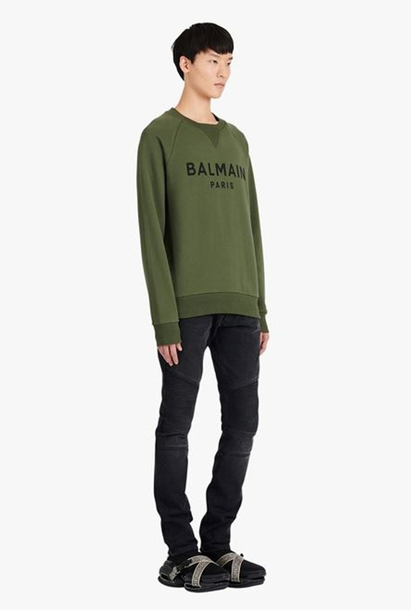 Khaki cotton sweatshirt with black Balmain Paris logo print 7