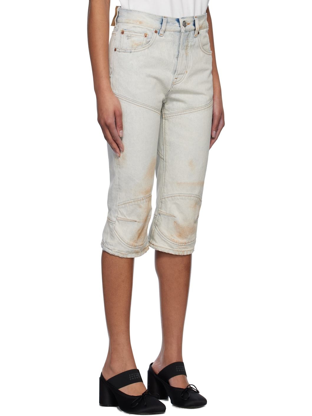 Blue Panel Sprayed Capri Denim Shorts - 2