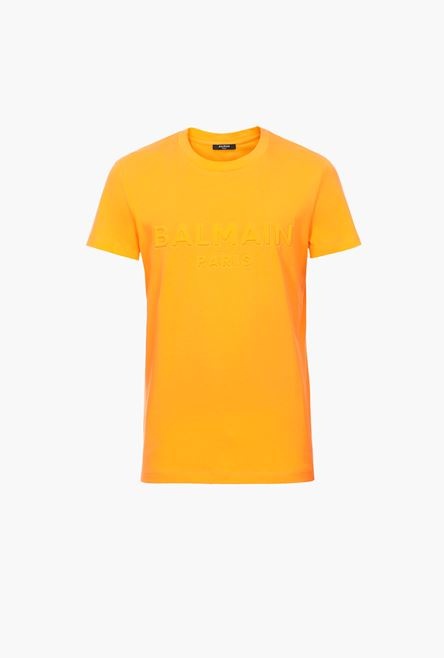 Orange cotton T-shirt with embossed orange Balmain Paris logo - 1