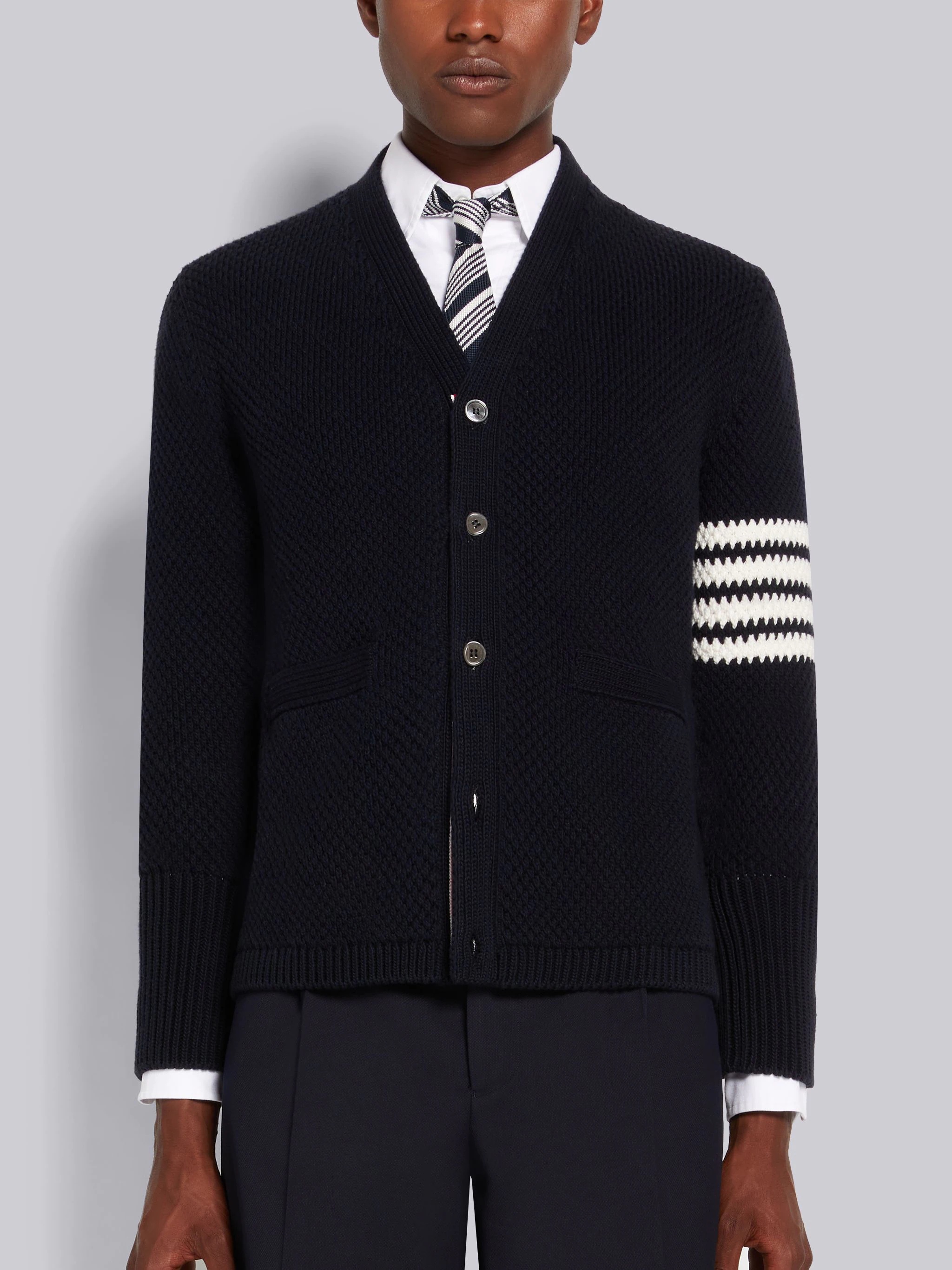 Navy Seed Stitch Cotton 4-Bar High Neck Cardigan - 1