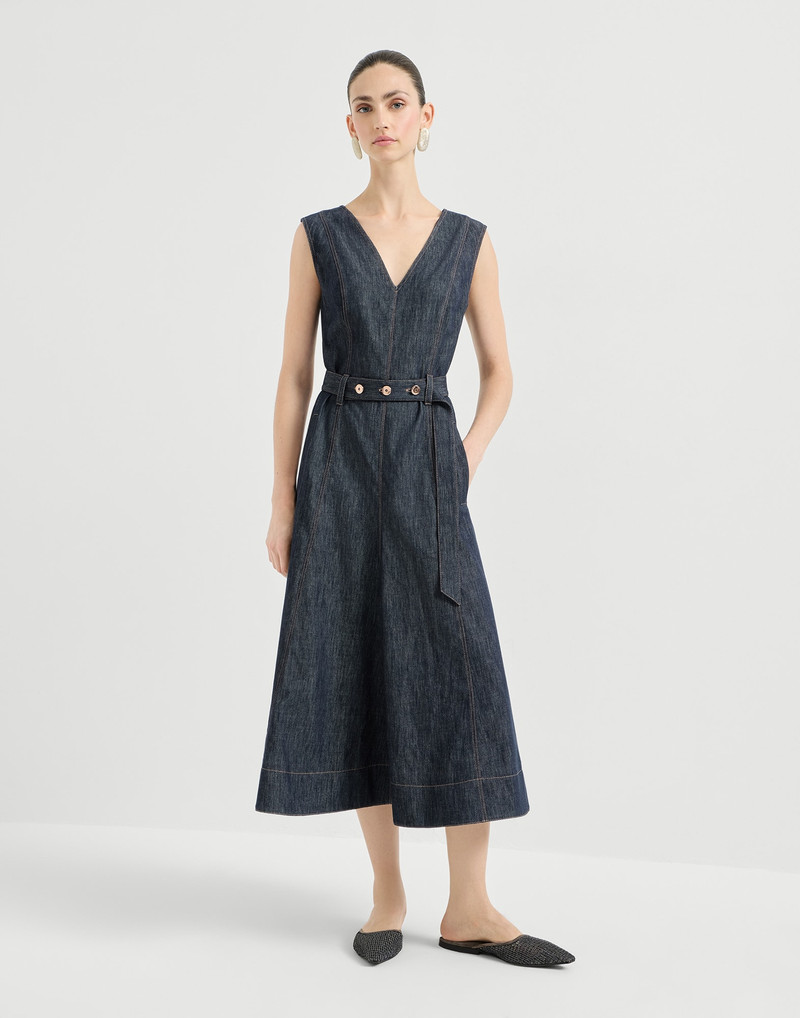 Cotton denim-effect twill flared dress with belt and monili 2