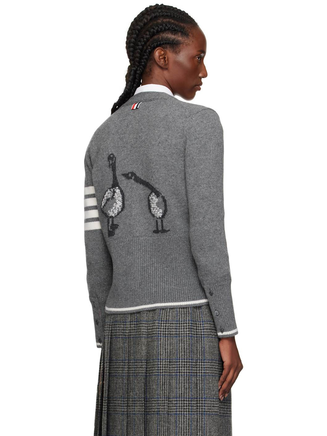 Gray Intarsia Geese 4-Bar V-Neck Cardigan - 3