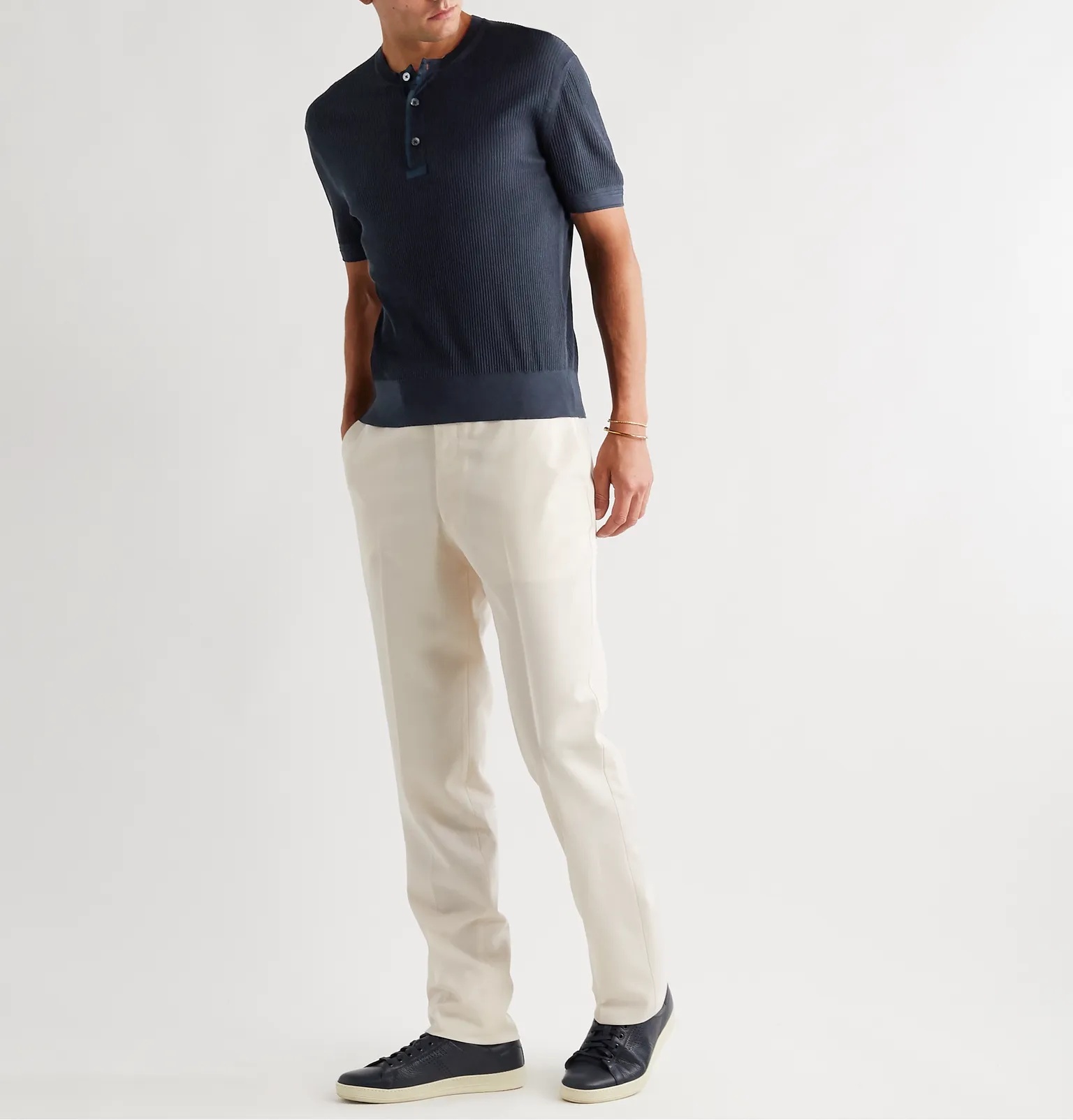 Satin-Trimmed Ribbed Silk Henley T-Shirt - 2