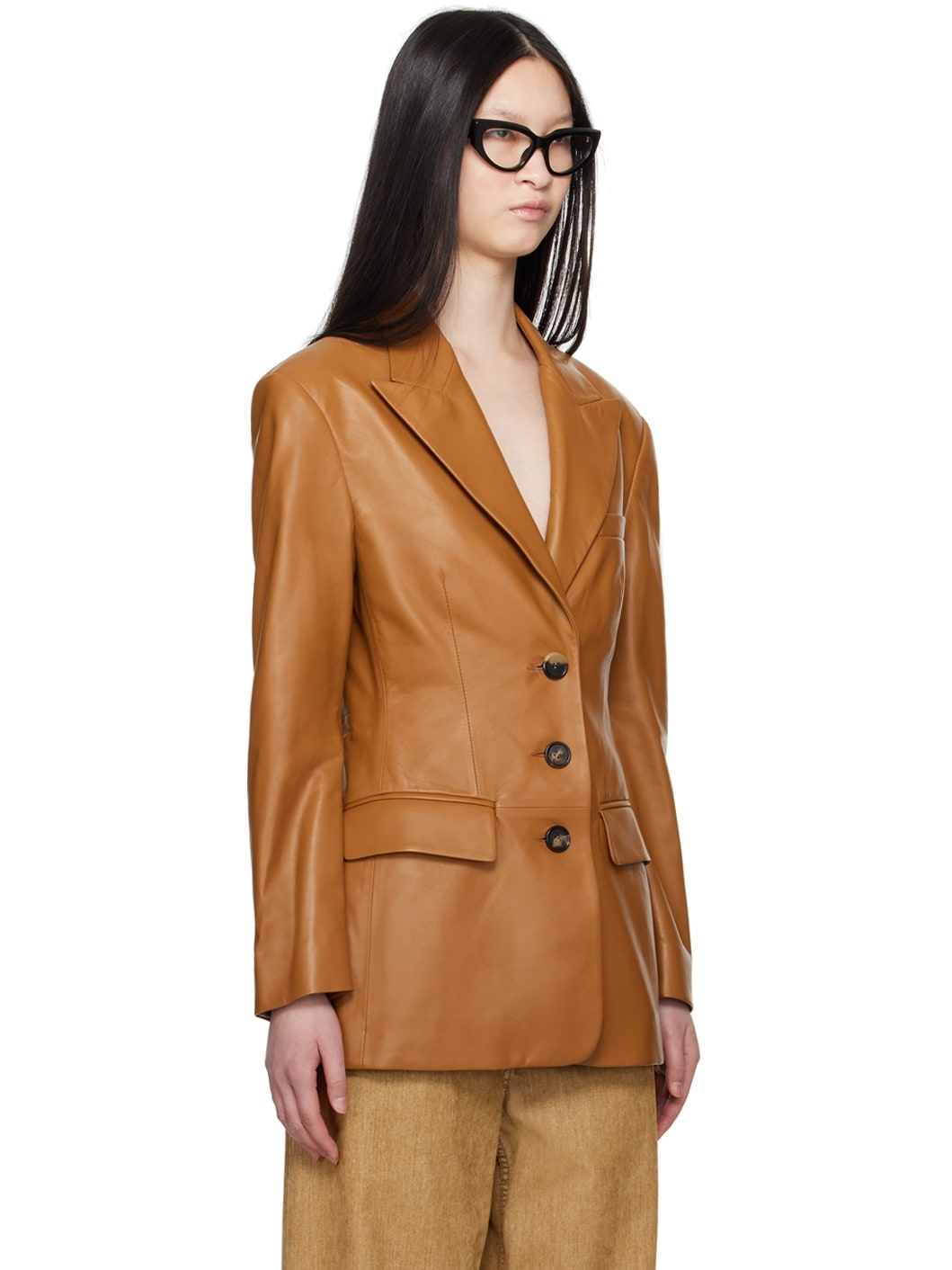Brown Peaked Lapel Leather Jacket - 2