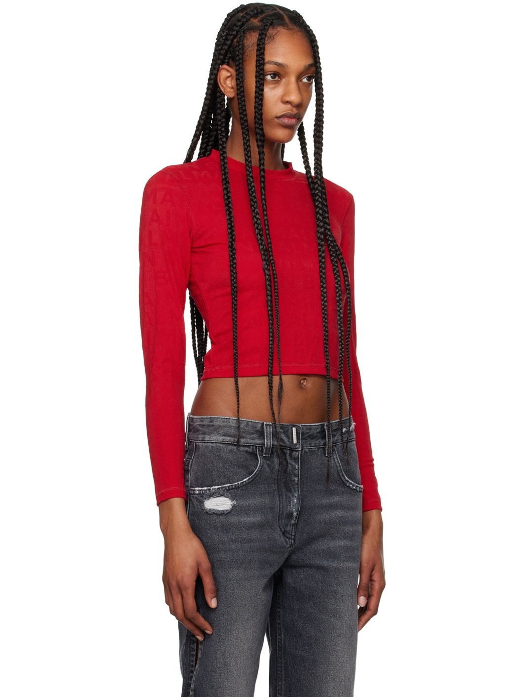 Red Jacquard Long Sleeve T-Shirt - 2