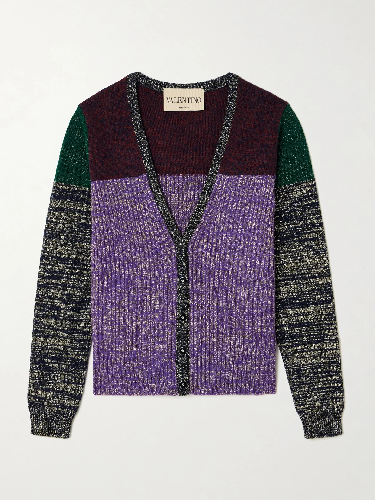 Color-block Metallic Ribbed Wool-blend Cardigan - 1