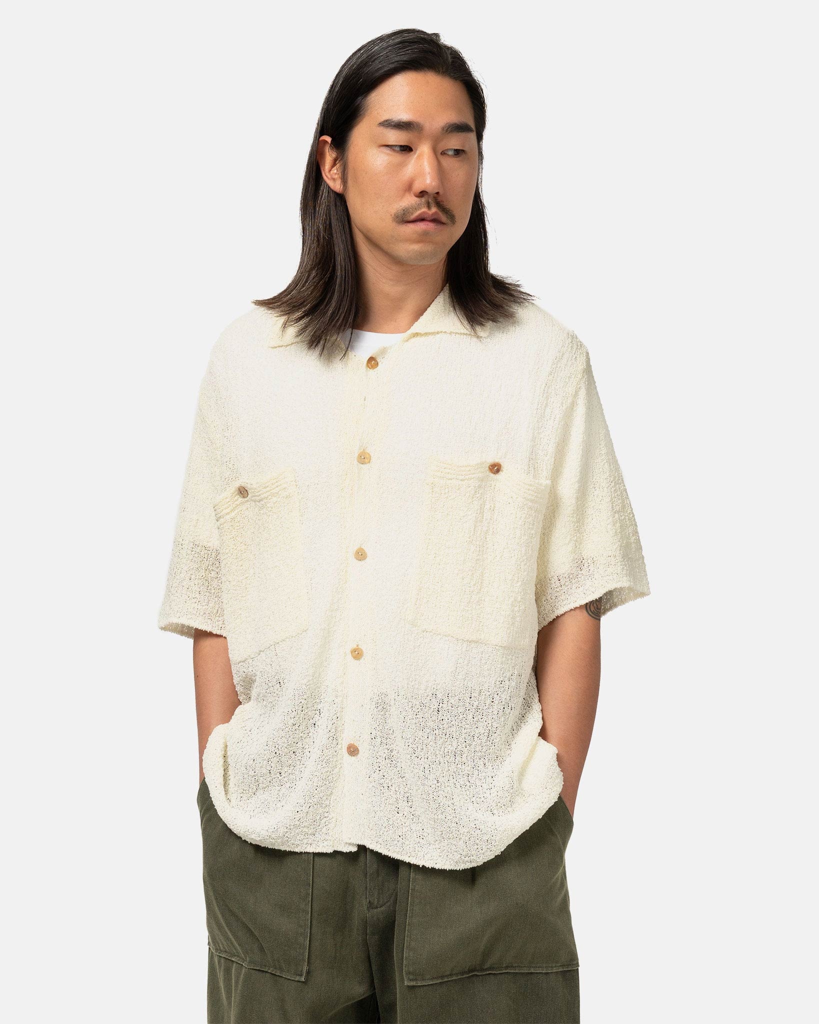 Cotton Sheer Knit Open Collar Shirt Off - 4