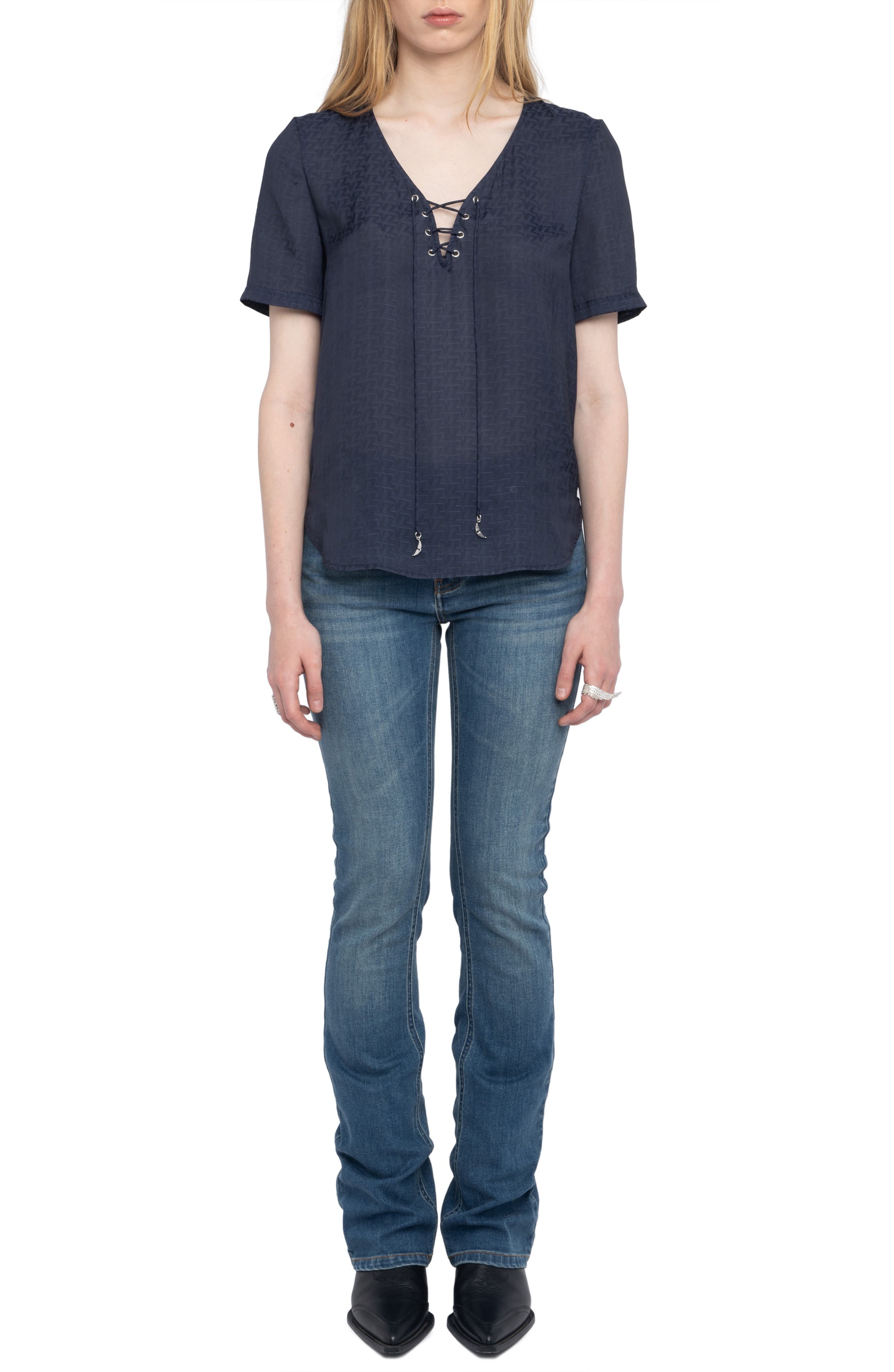 Zadig & Voltaire Terzo Lace-Up Satin Top in Encre at Nordstrom - 7