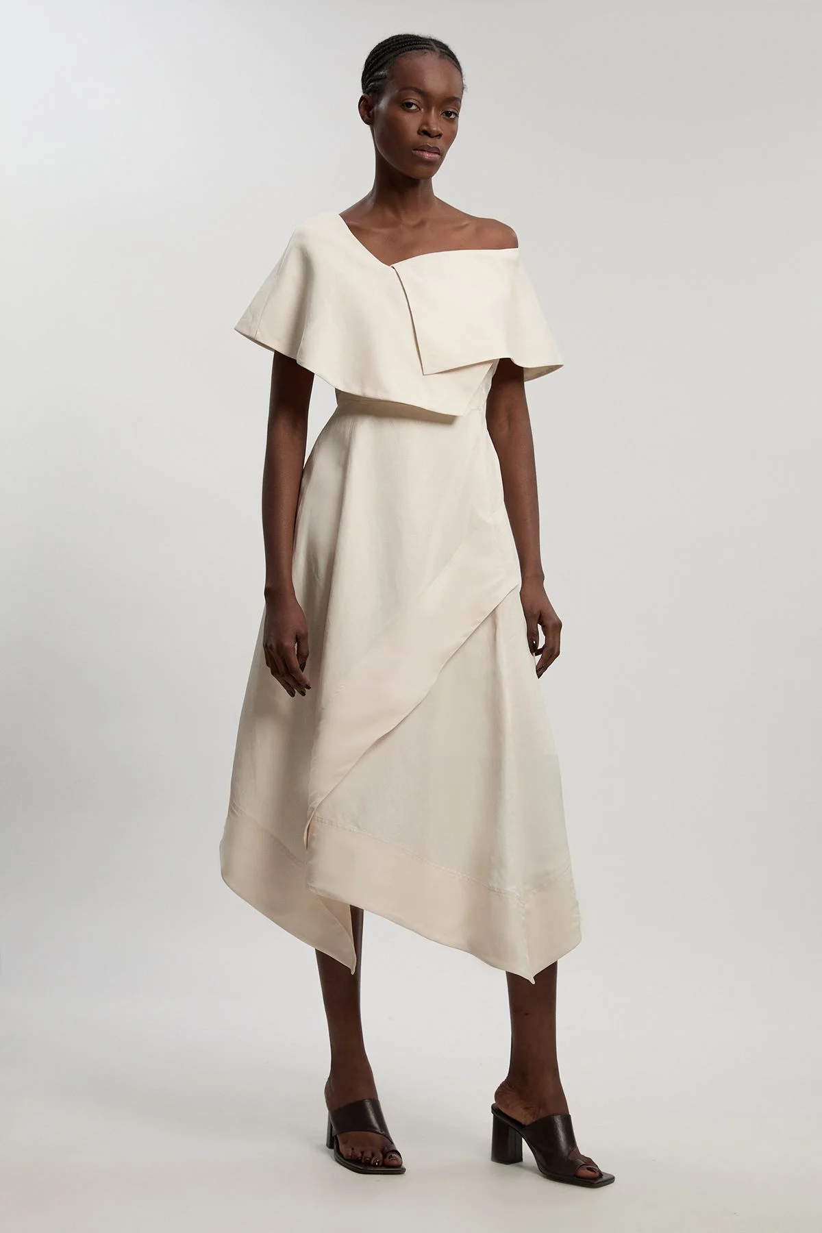 Petite Premium Viscose Linen Tailored Asymmetric Neck Full Skirted Midi Dress - 1
