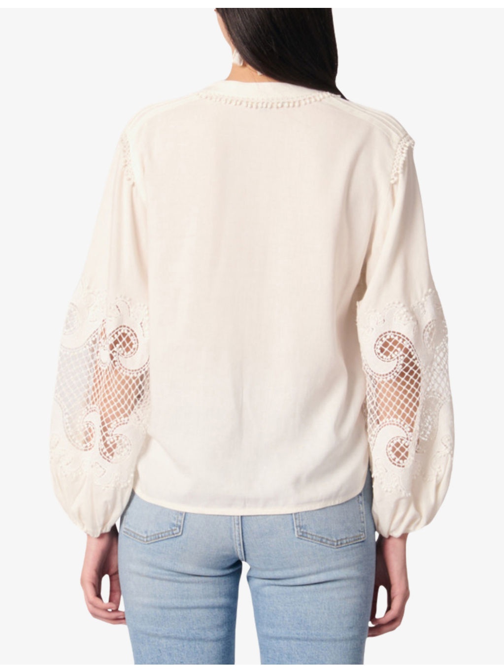 V-Neck Lace-Insert Linen Blouse - 4