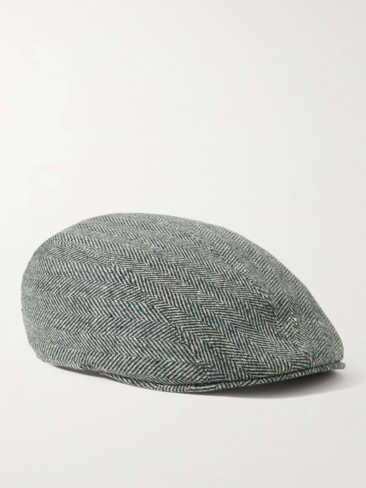 Leather-Trimmed Herringbone Wool and Cashmere-Blend Tweed Flat Cap - 1