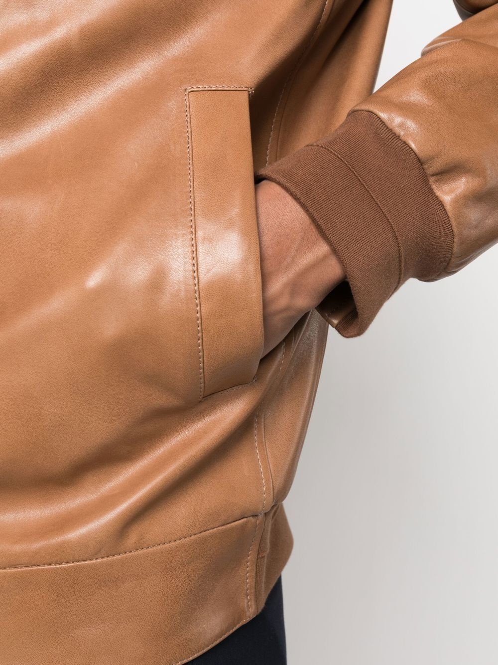 zipped leather bomber jacket - 5