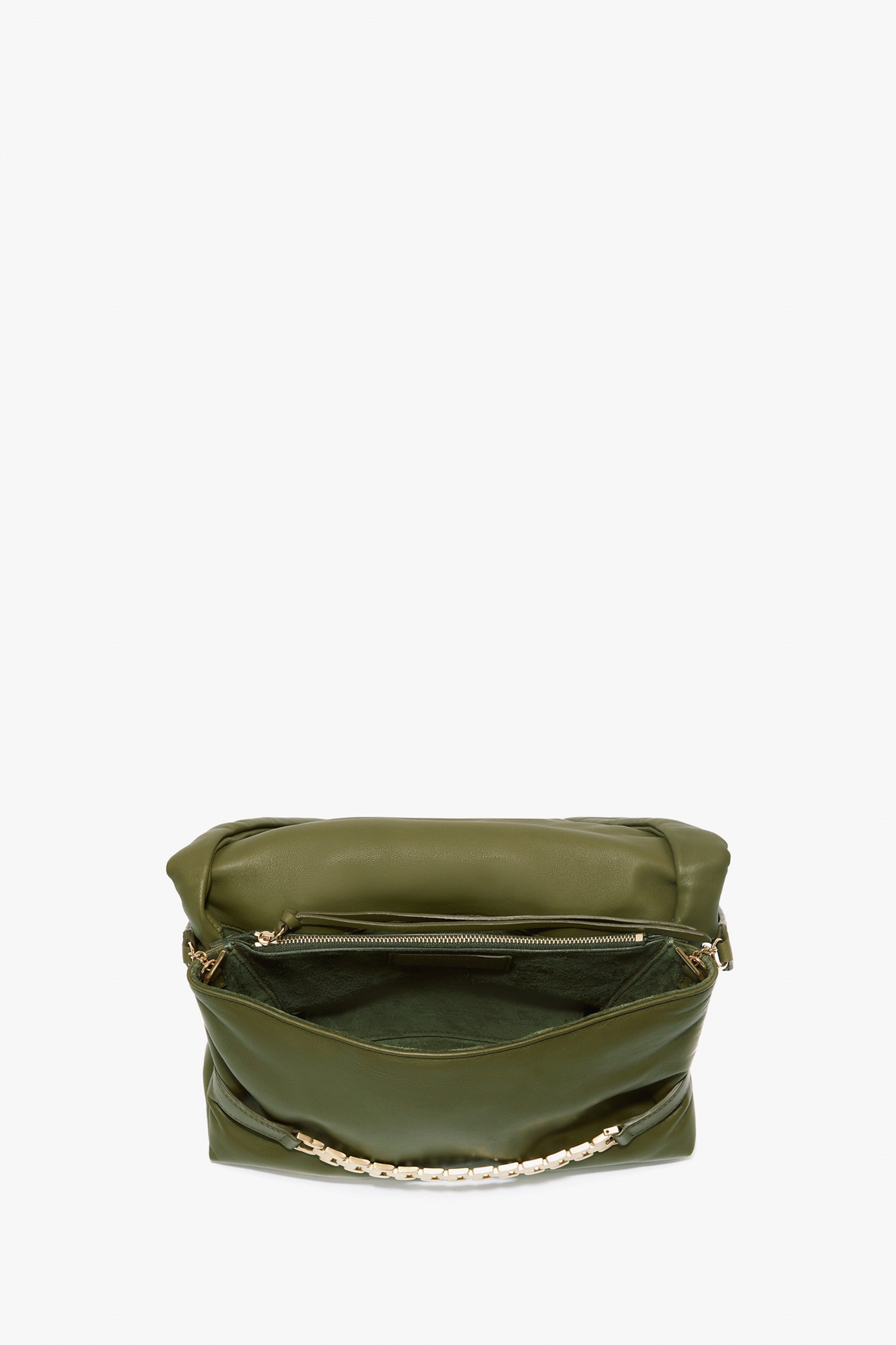 Puffy Chain Pouch With Strap In Khaki Leather - 7