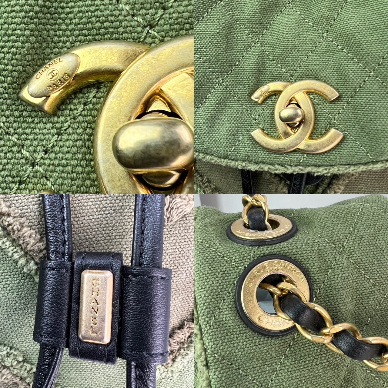 CHANEL Backpack Canvas Chevron Cuba Patchwork Khaki Green Backpack Preowned - 5