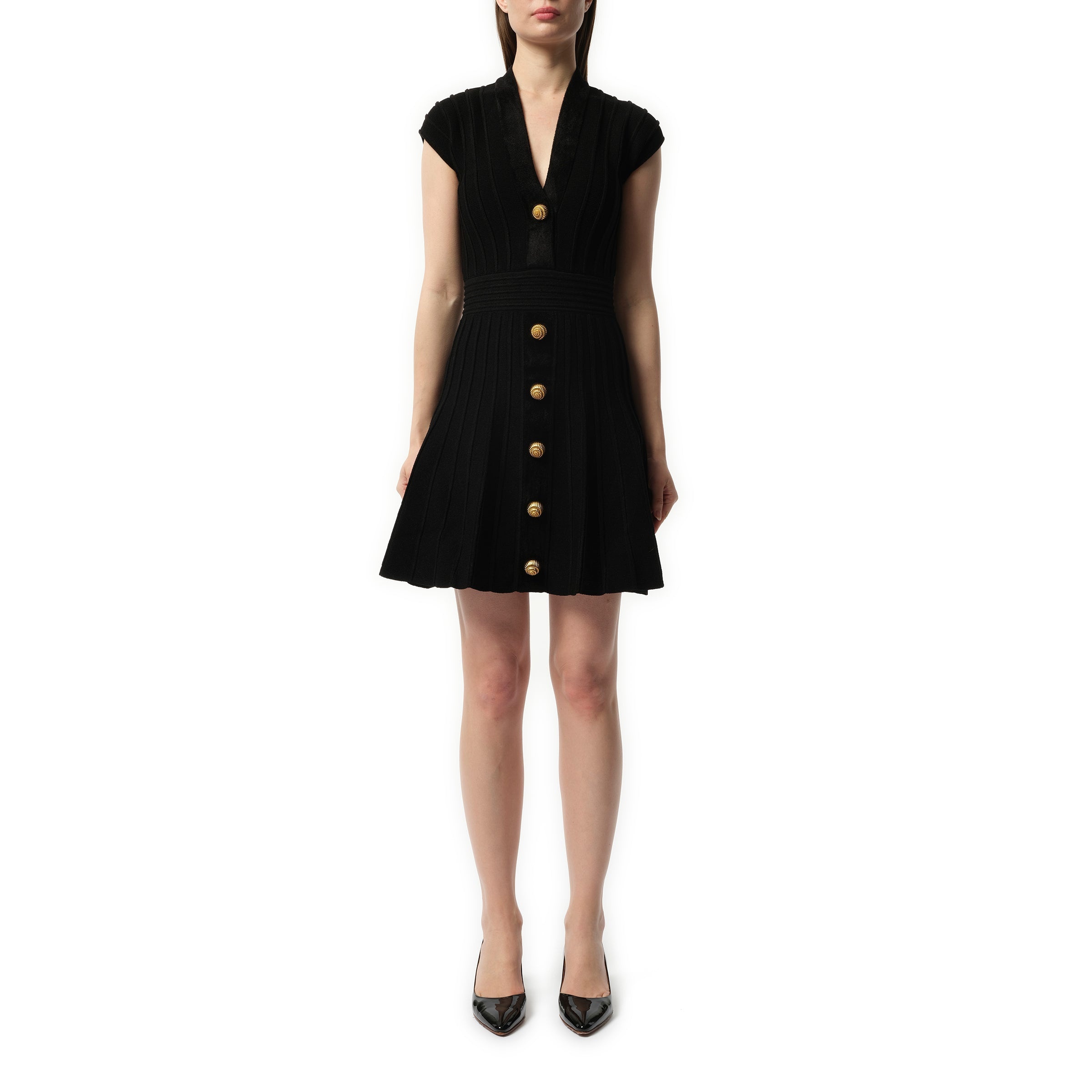 Button V-Neck Velvet Flare Short Dress in Black - 4