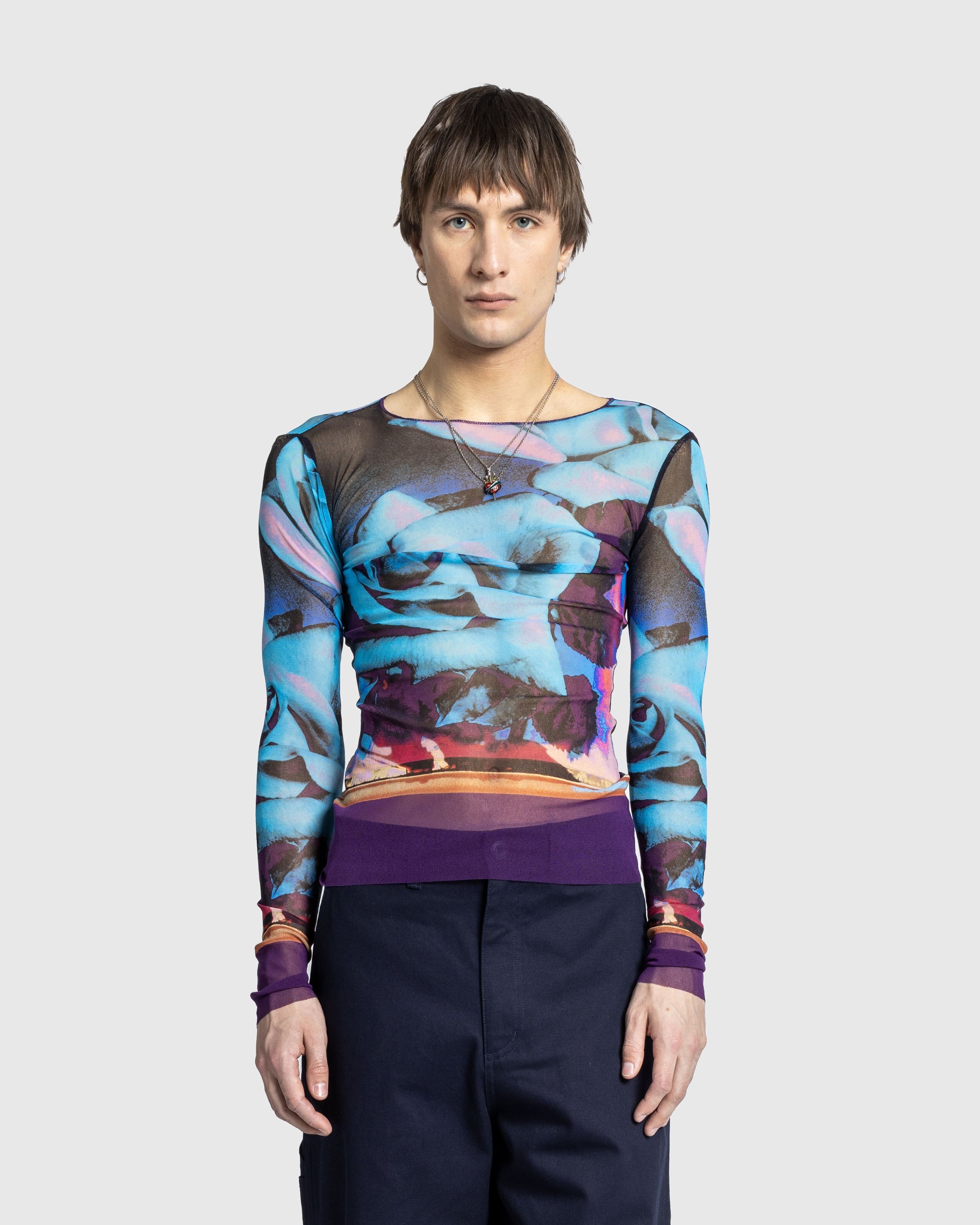 Jean Paul Gaultier – Mesh Long-Sleeve Top Printed Roses Purple/Blue/Pale Pink - 2