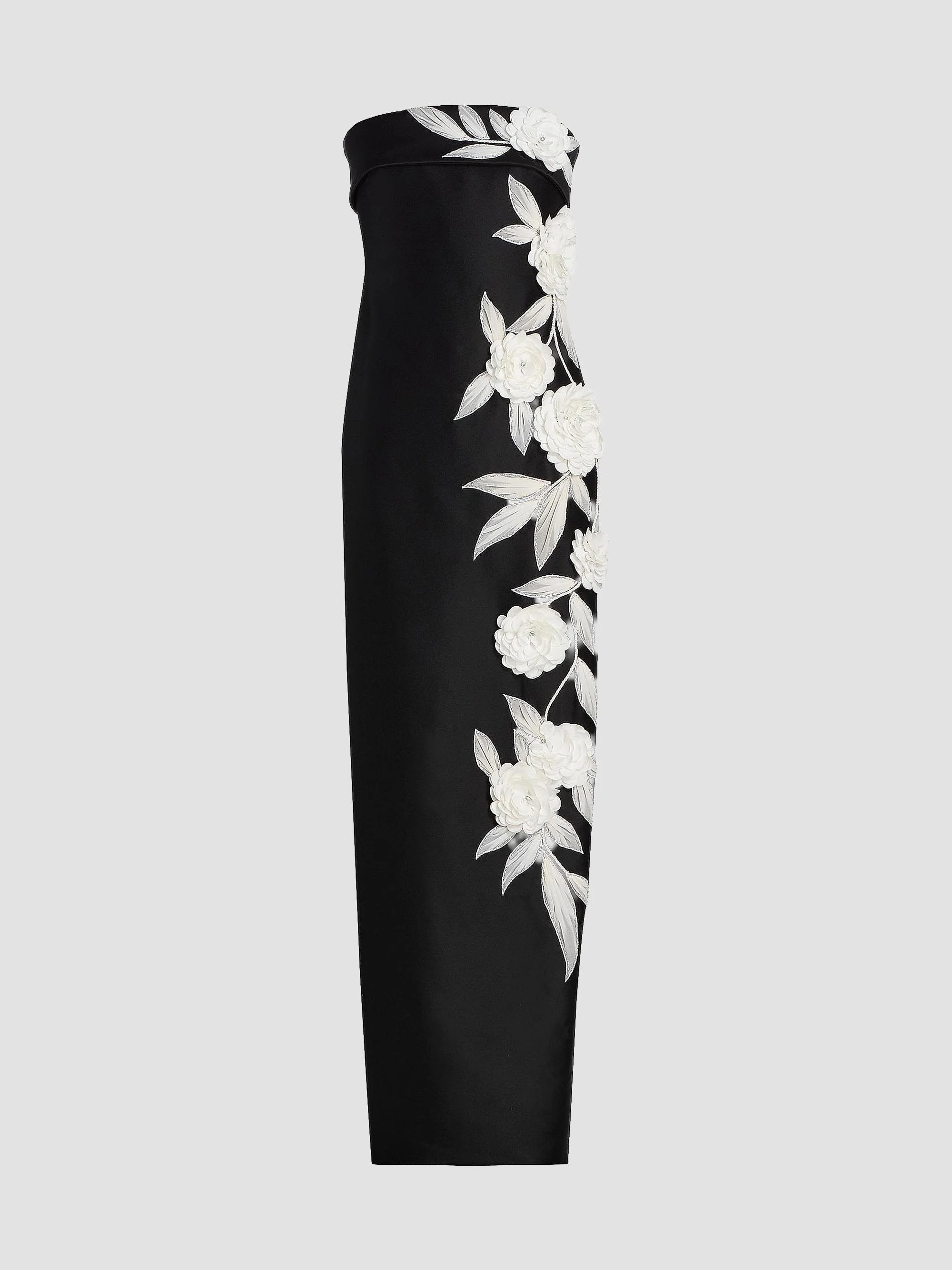 Women's Floral-Embroidered Stretch Mikado Column Gown - Black White - 1