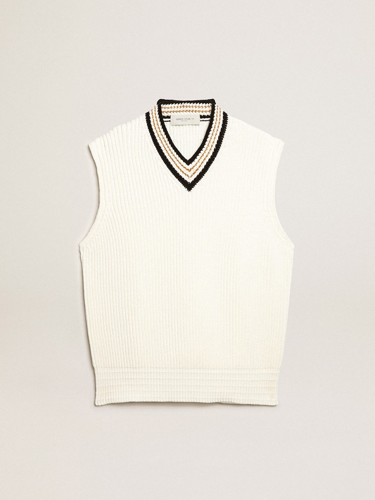 V-neck vest in papyrus-colored cotton yarn - 1