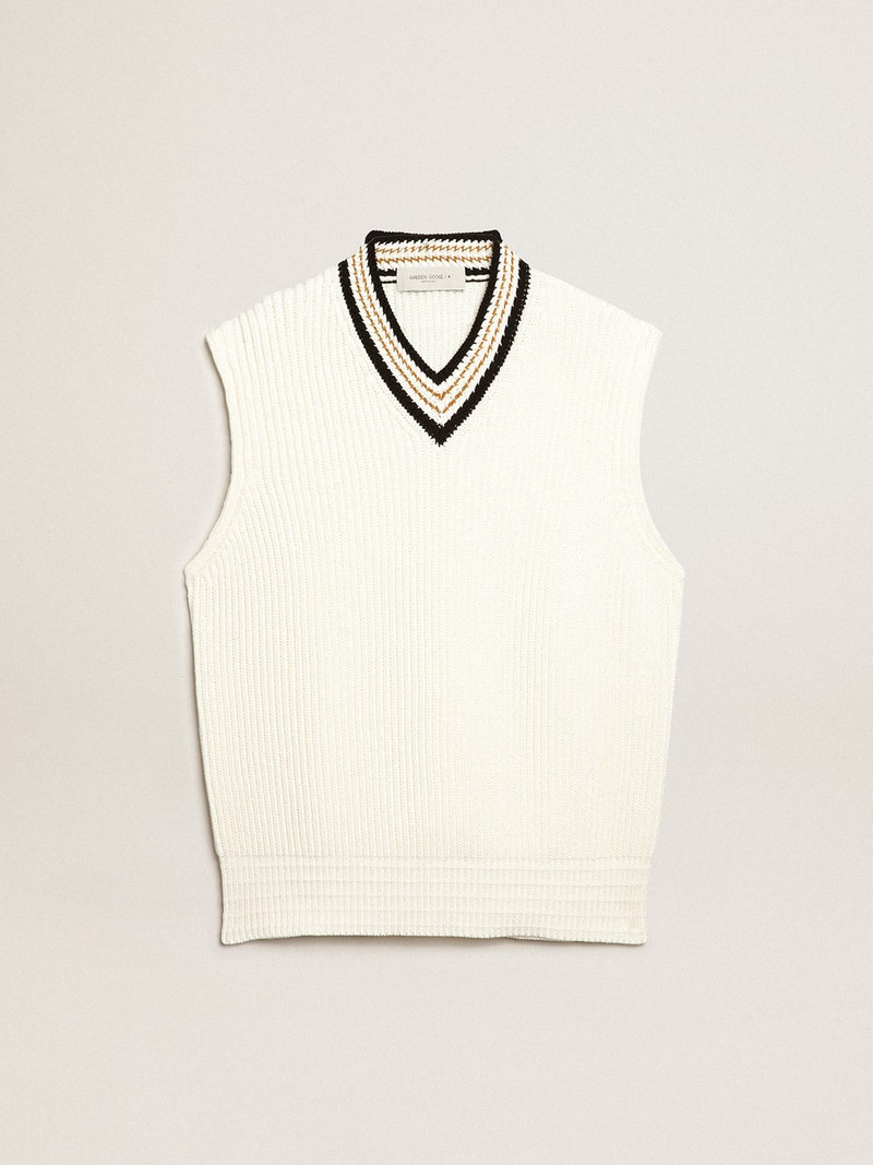 V-neck vest in papyrus-colored cotton yarn 1