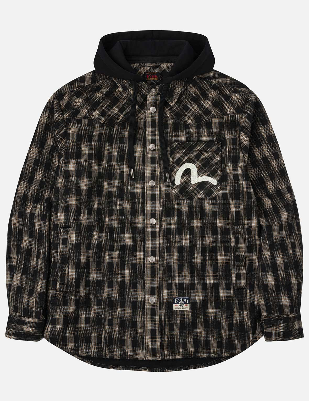 Seagull Embroidery Relax Fit Hooded Checked Shirt Jacket - 3