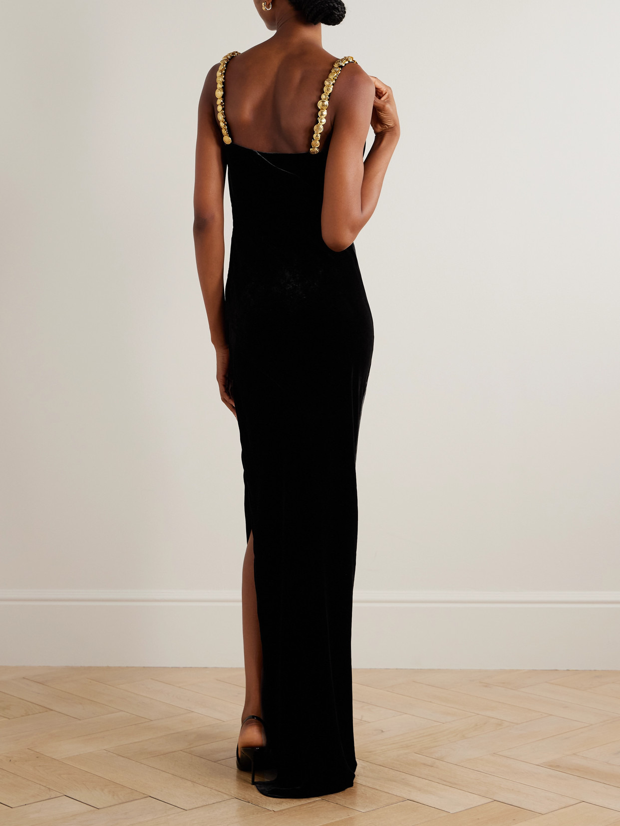 Embellished Draped Velvet Maxi Dress - 3