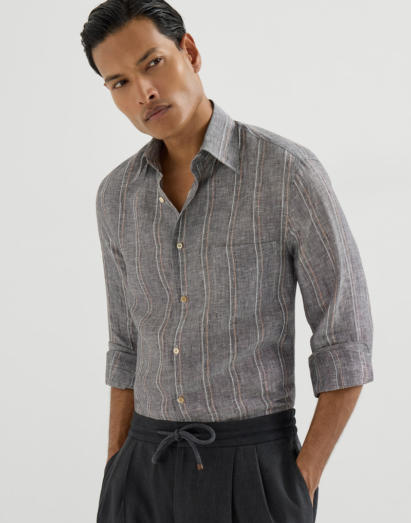 Textured stripe linen easy fit shirt with chest pocket 2