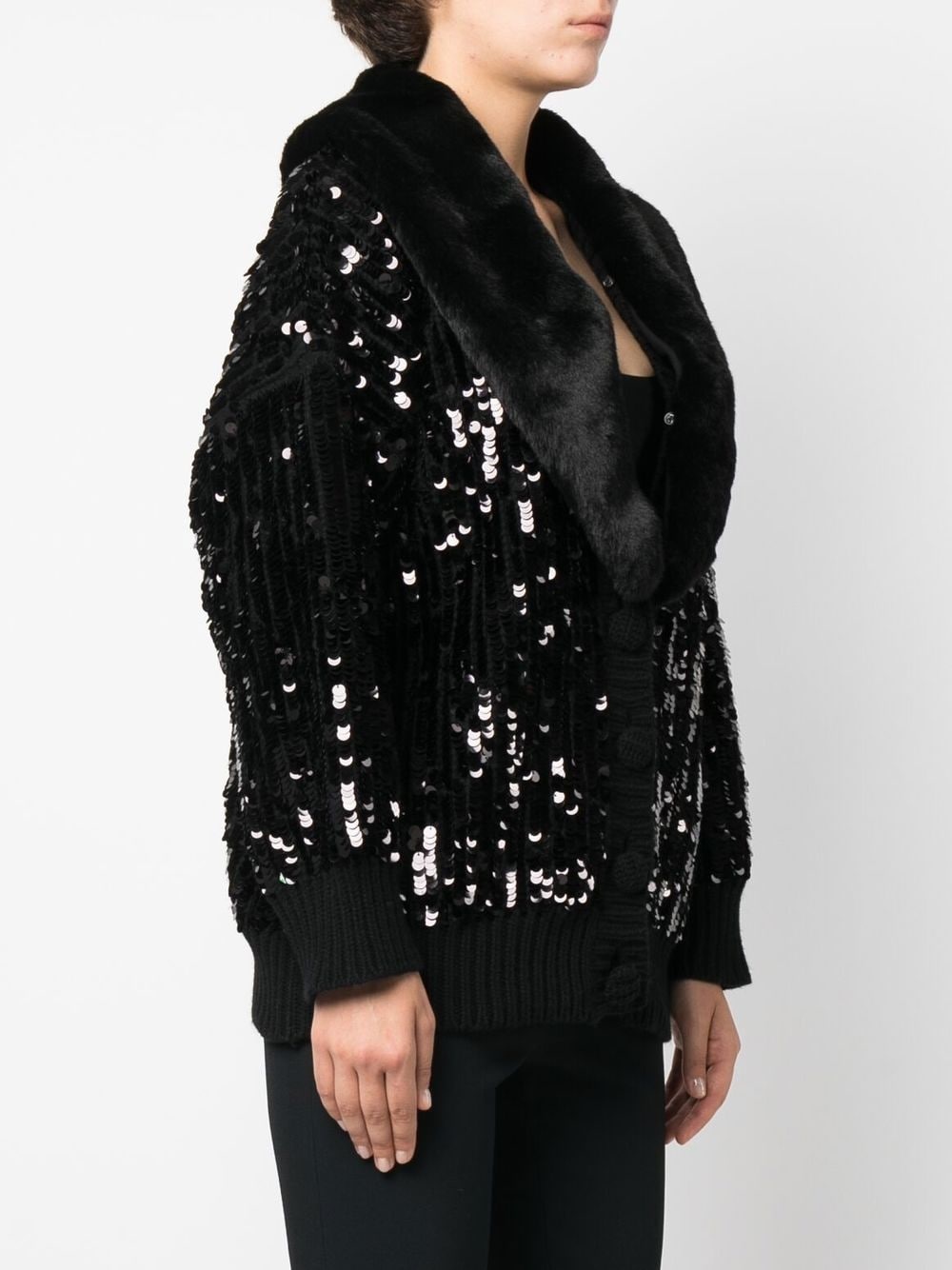 sequin-embellished faux-fur trim cardigan - 3