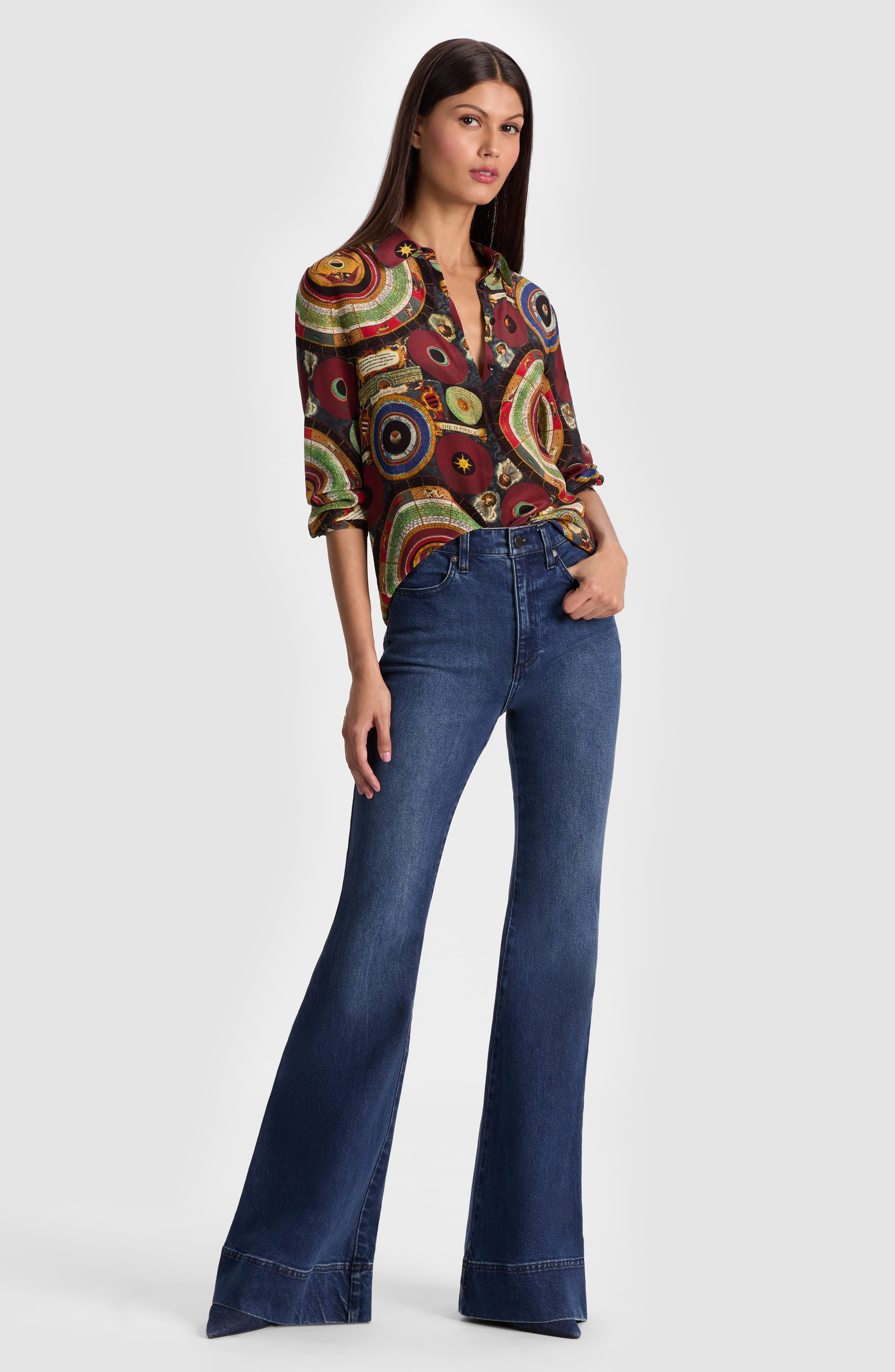 Alice + Olivia Willa Silk Button-Up Shirt in Hands Of Time at Nordstrom - 6