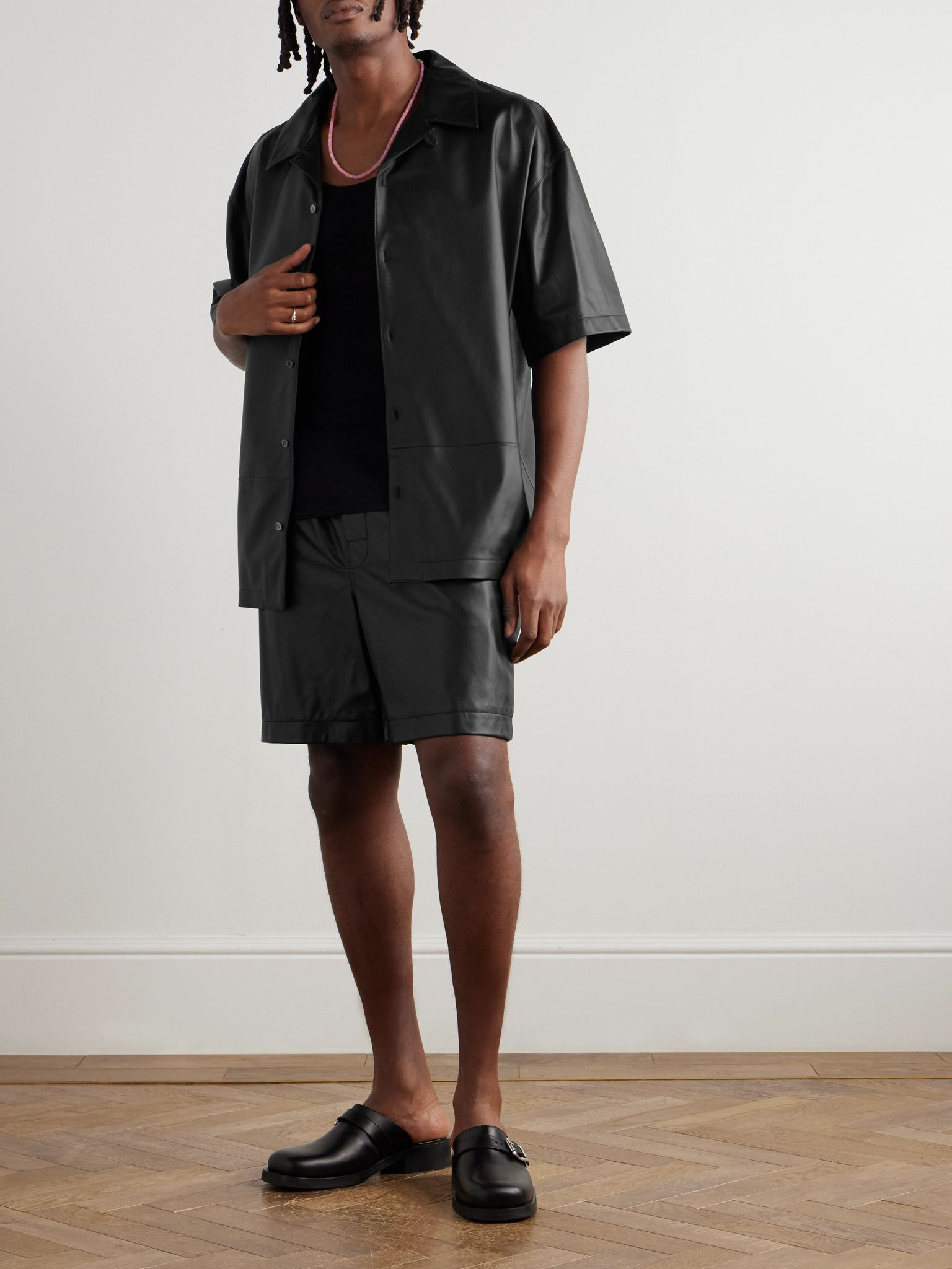 Convertible-Collar Panelled Leather Shirt Black - 2
