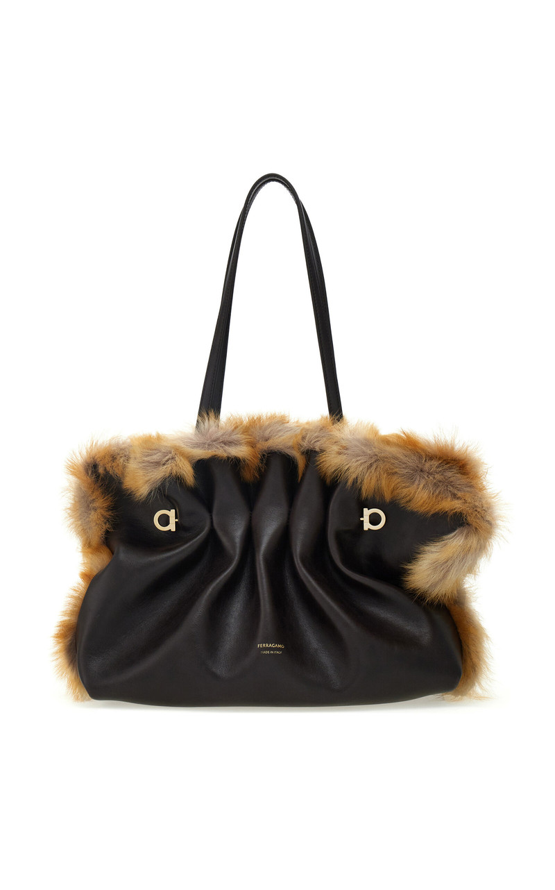 Soft Medium Shearling-Trimmed Leather Shoulder Bag black 1