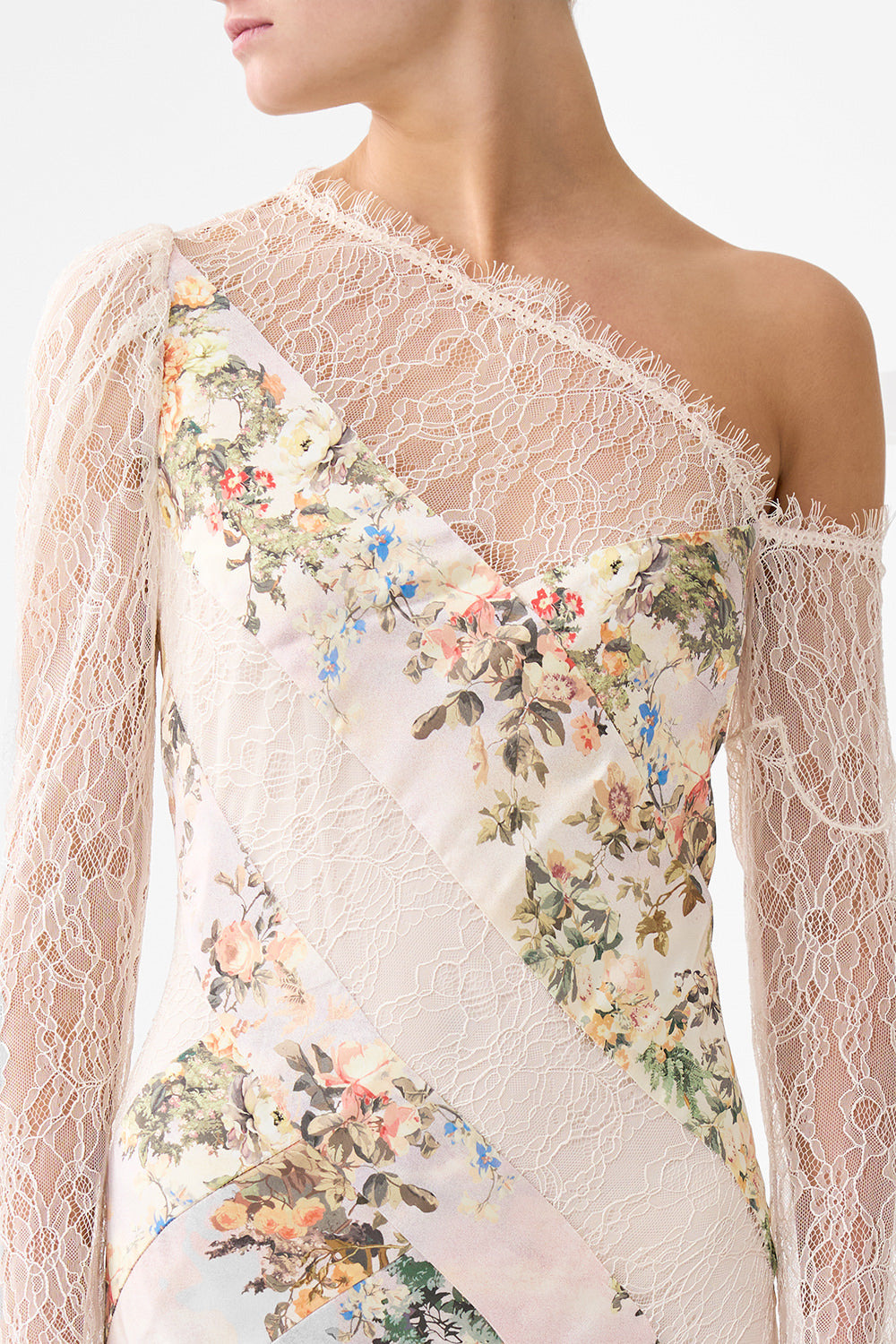 LACE SPLICE ONE SHOULDER DRESS - 6