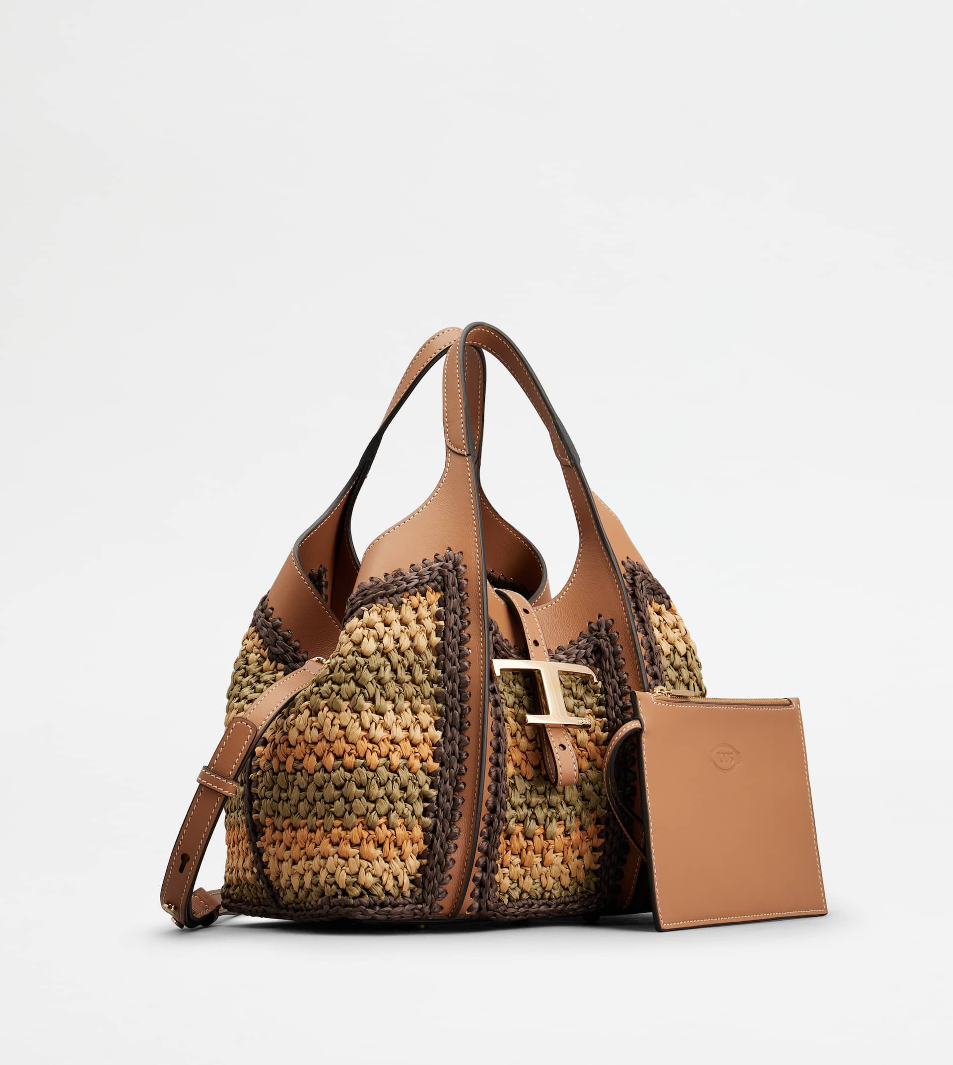 T TIMELESS SHOPPING BAG IN LEATHER AND FABRIC MINI - BEIGE, ORANGE, GREEN - 3