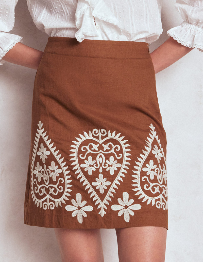 Embroidered Linen Skirt-Russet 6
