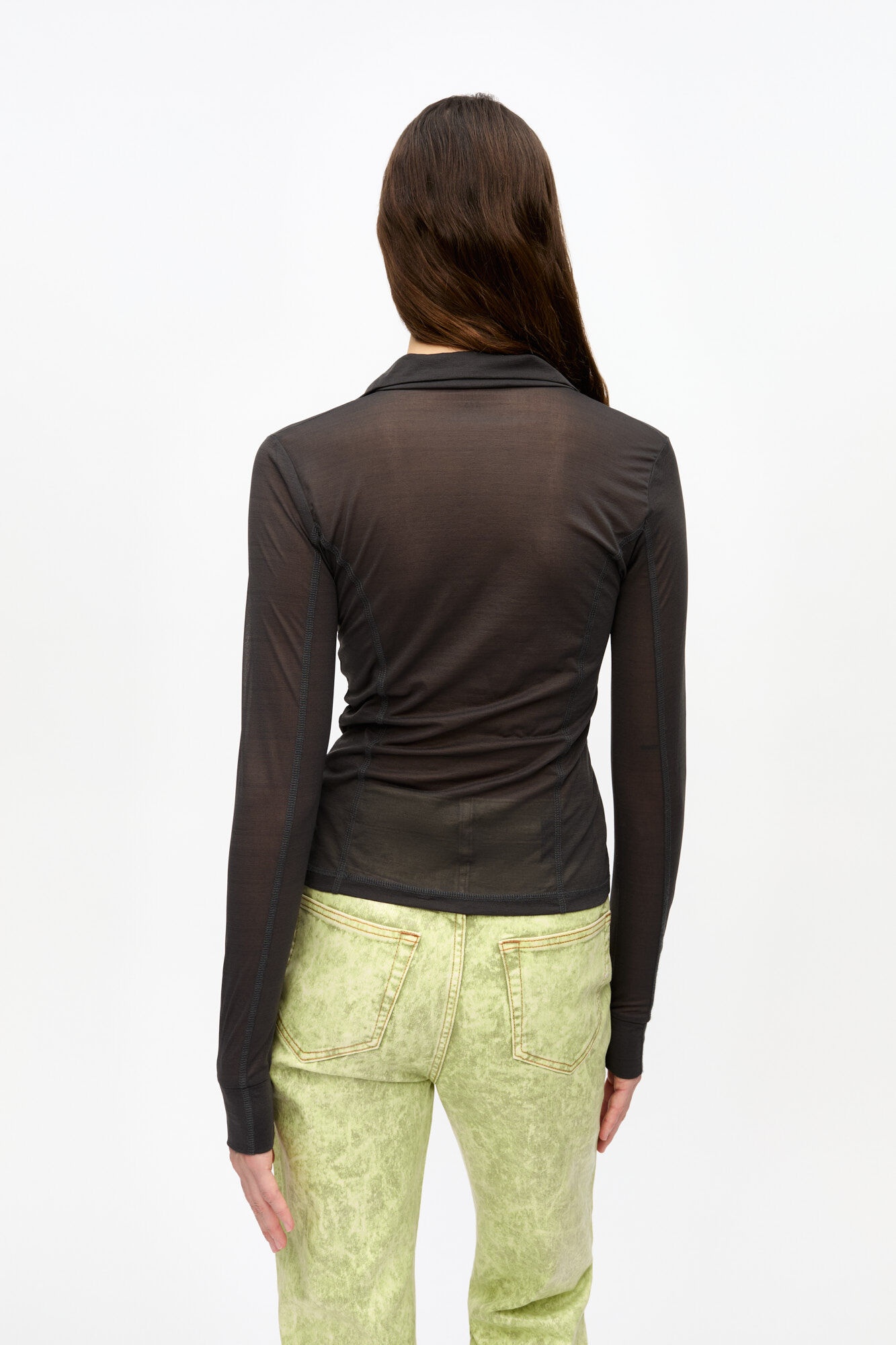 BLACK SHEER MESH JERSEY BUTTONED TOP - 4