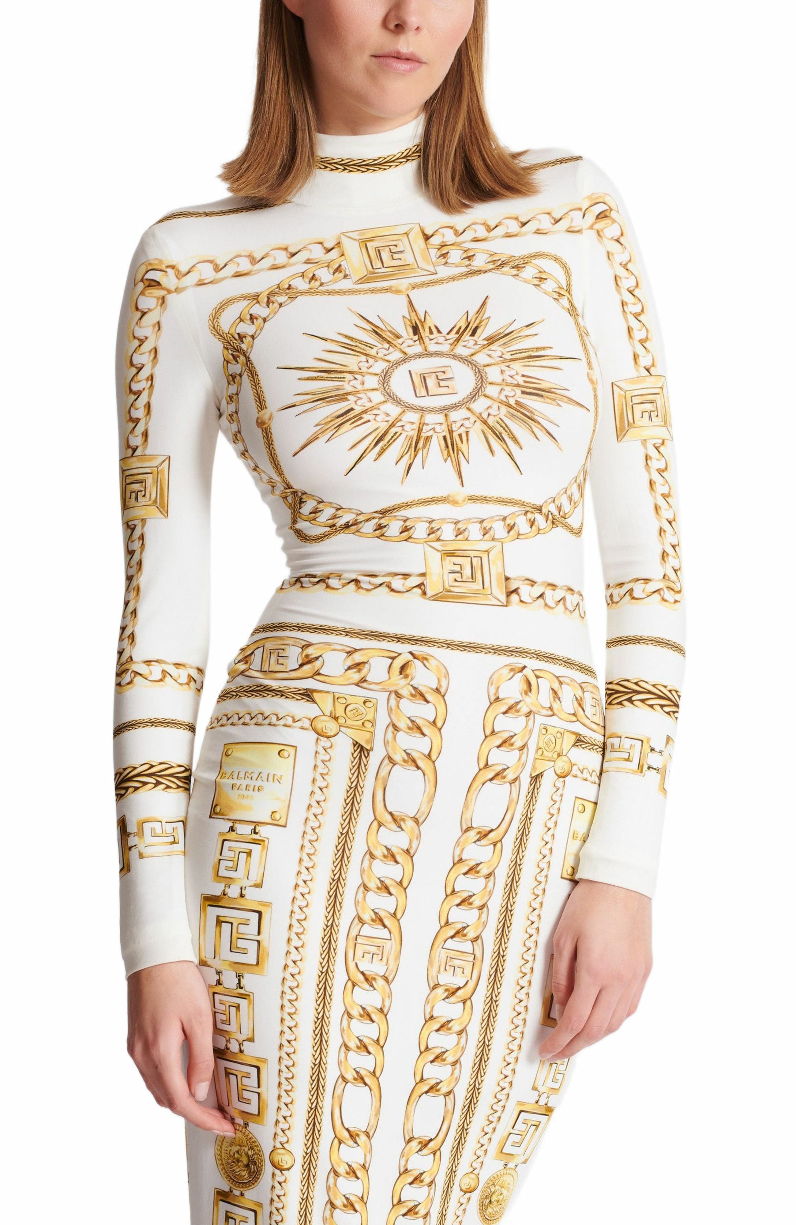 Long printed bodycon dress with Balmain Foulard pattern in Gold at Nordstrom - 4