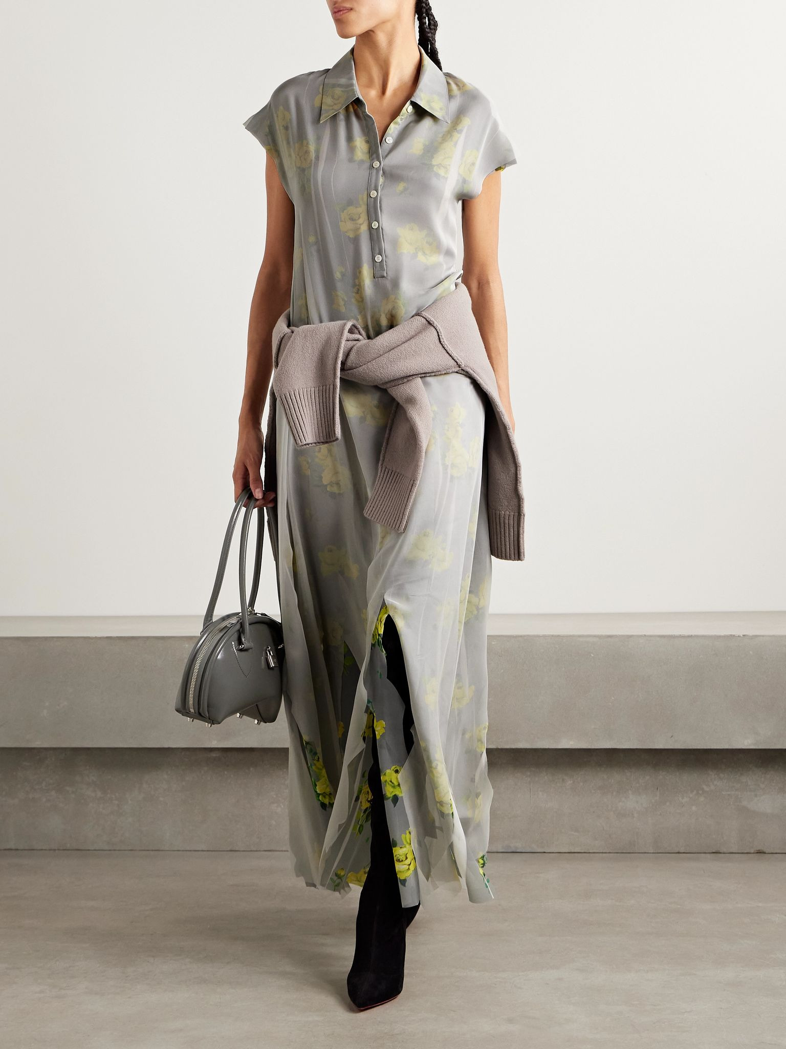 Layered chiffon and floral-print crepe maxi dress Gray - 2