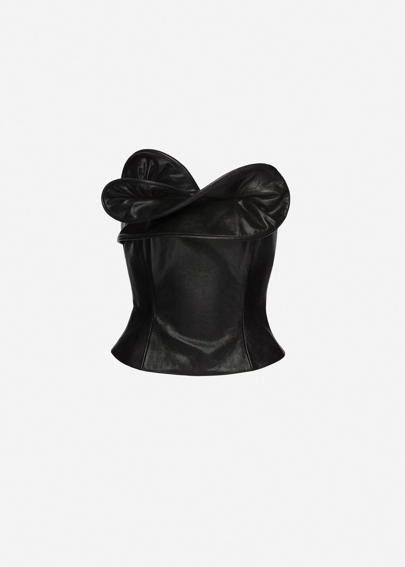 Leather corset with sculptural neckline in black 1