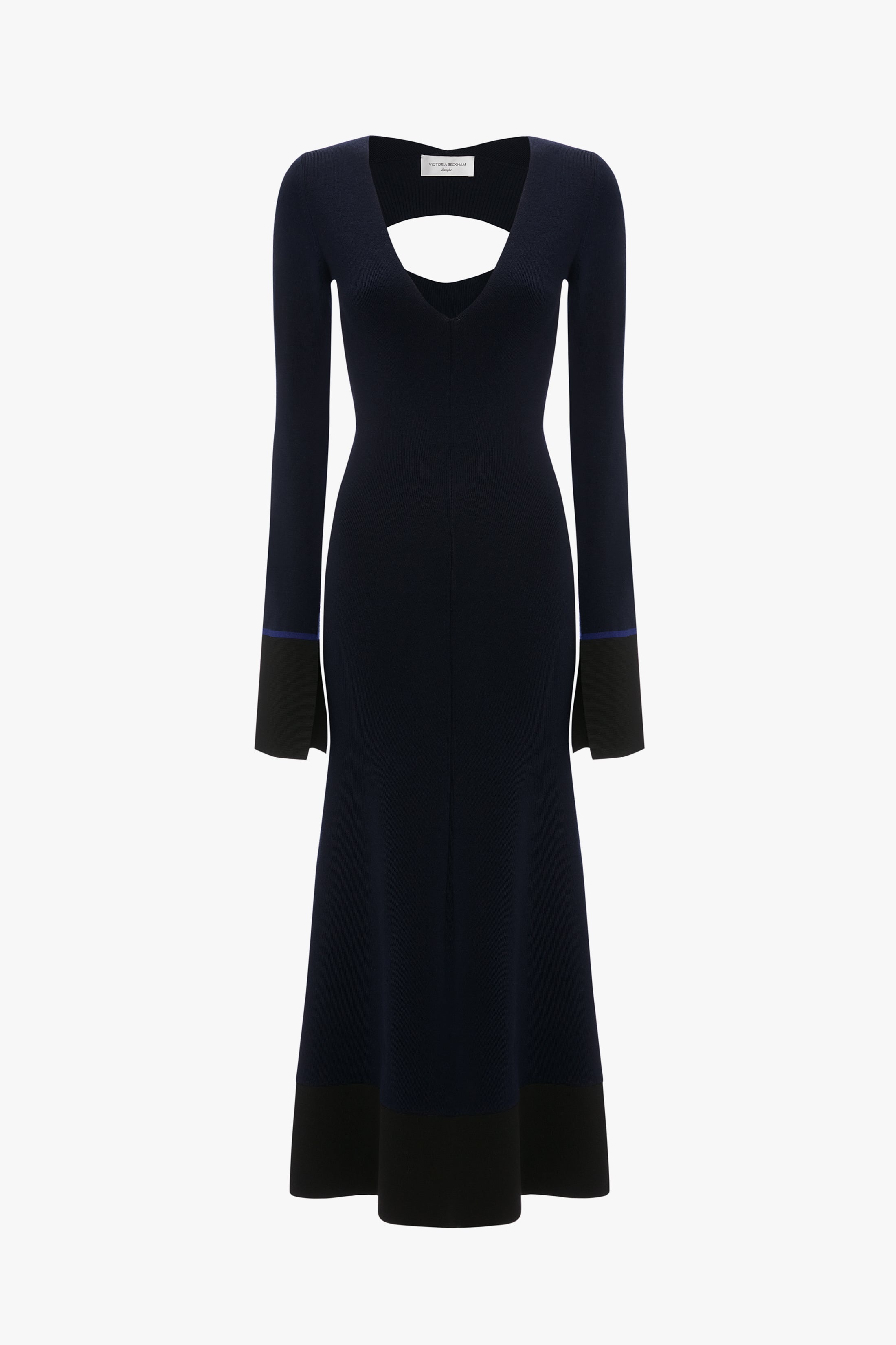 V Neck Knitted Dress in Navy - 1