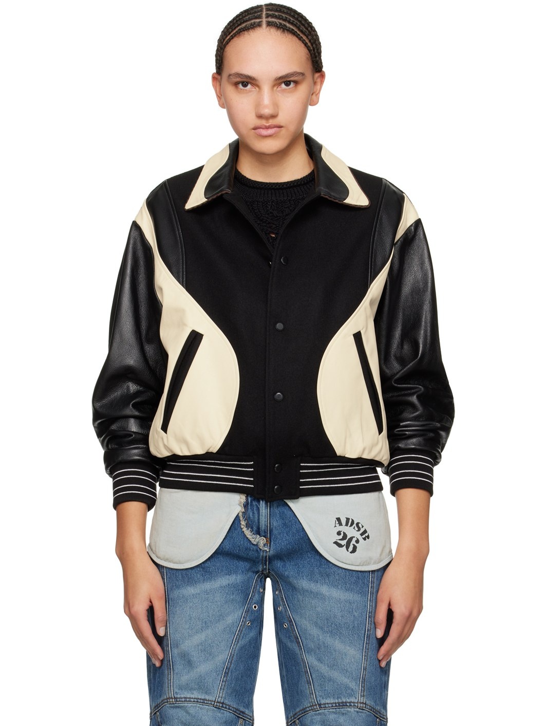 Black & Off-White Robyn Leather Bomber Jacket - 1