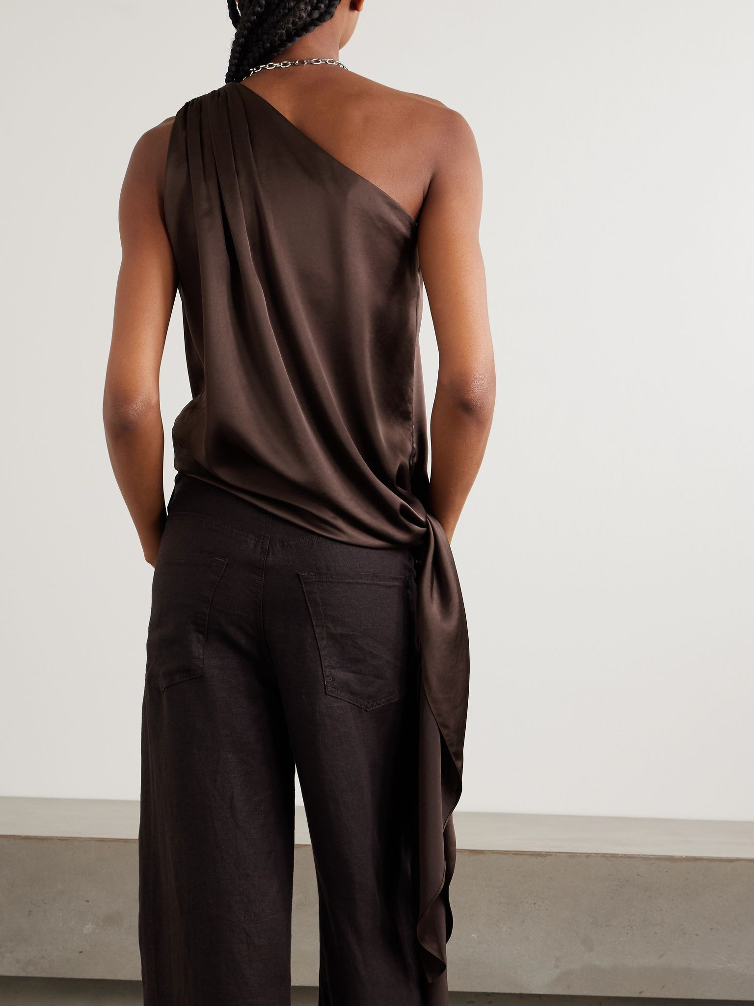 Ayla one-shoulder knotted satin top Brown - 3