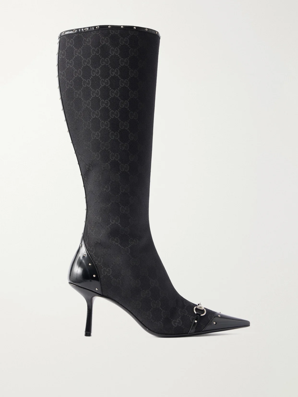 Horsebit-embellished Leather-trimmed Gg Supreme-jacquard Canvas Knee-high Boots - 1