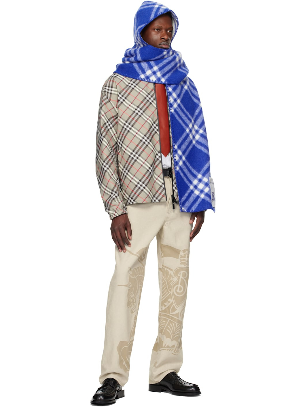 Blue Check Wool Hooded Scarf - 3