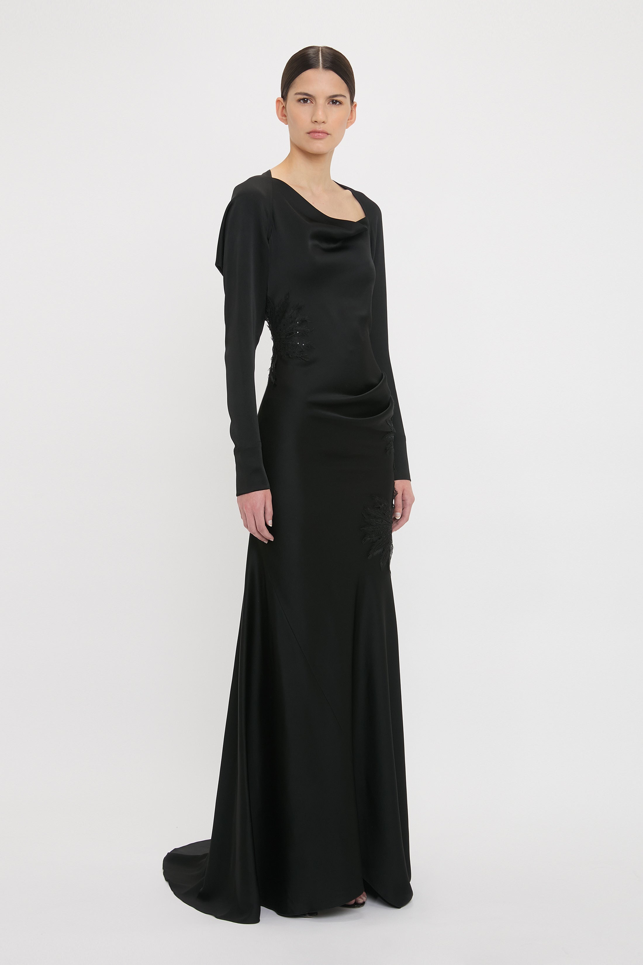 Long Sleeve Lace Applique Floor-Length Gown In Black - 3