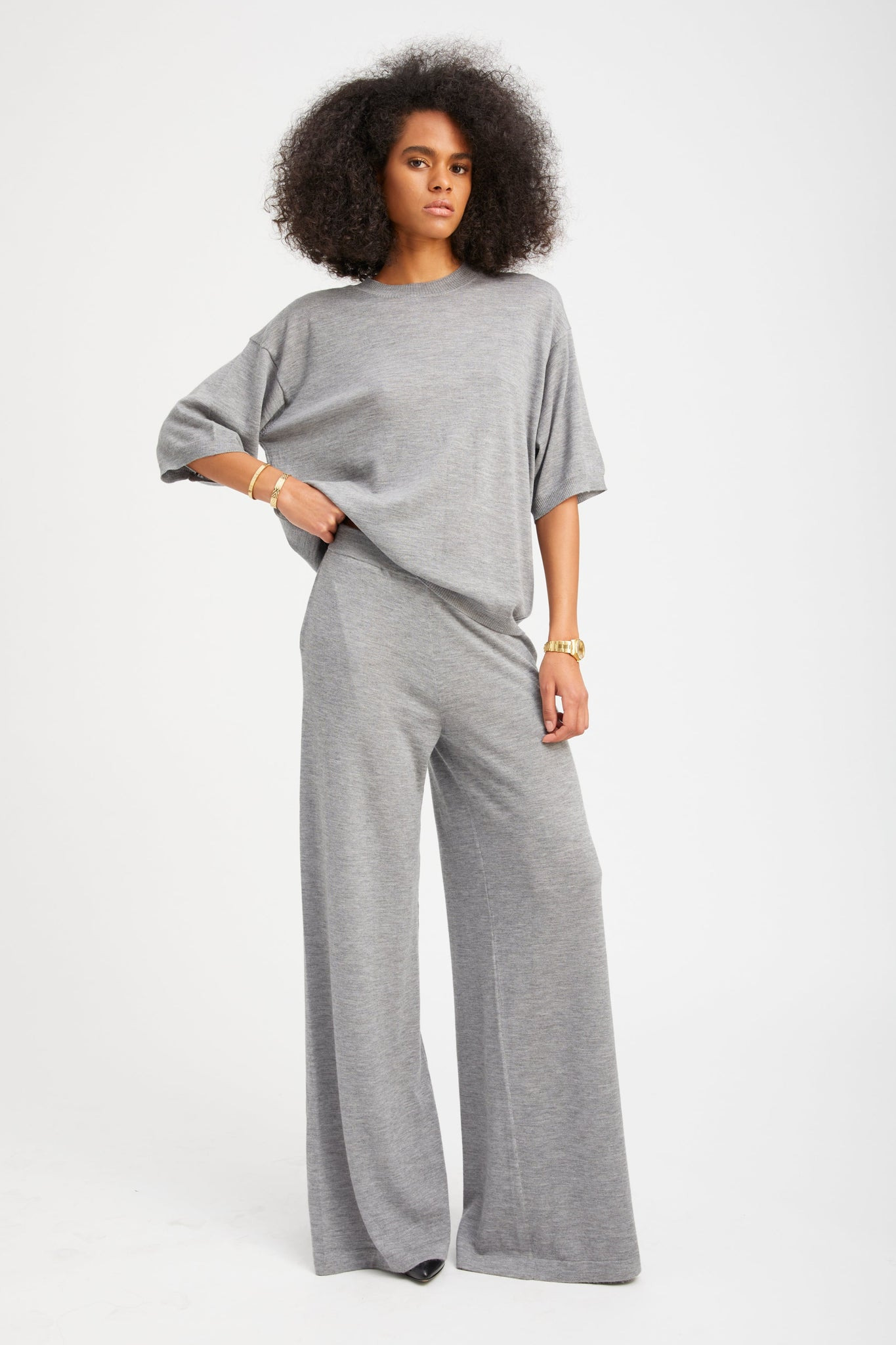 GREY CASHMERE WIDE LEG PANTS - 3