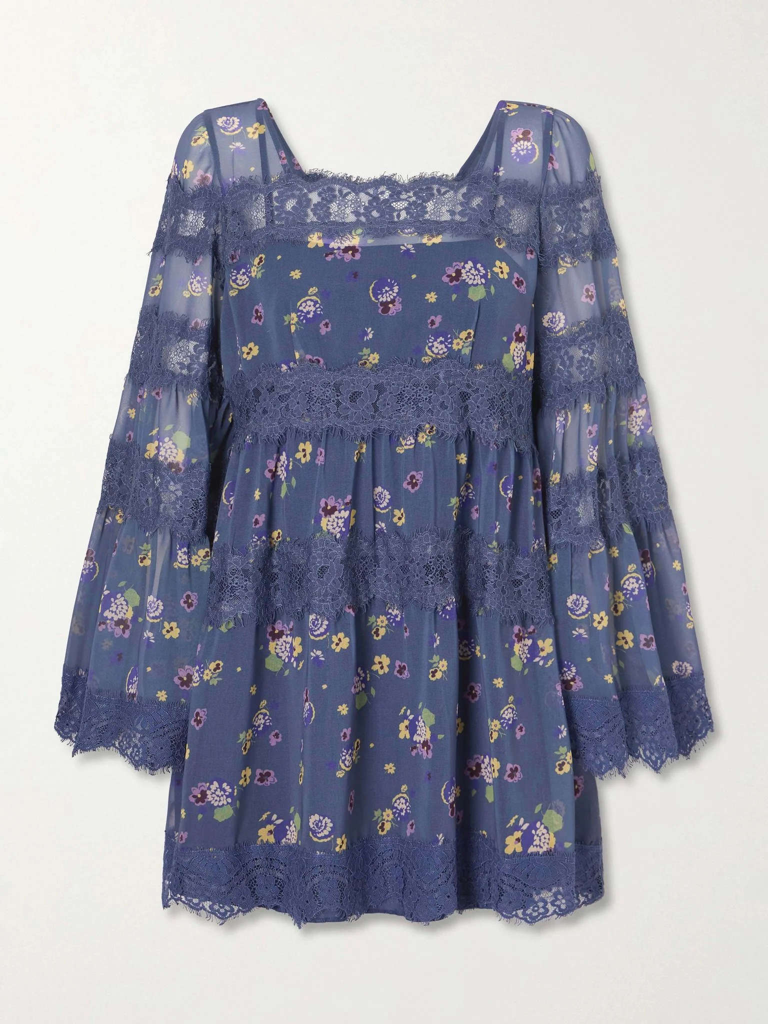 Pleated floral-print lace-trimmed chiffon mini dress Blue - 1