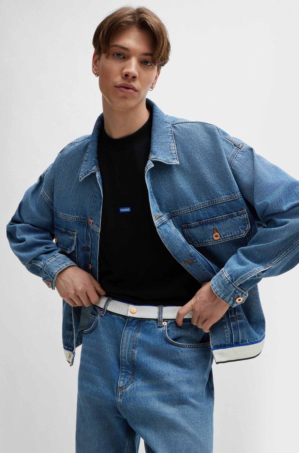 MID-BLUE DENIM JEANS WITH LOGO-TAPE WAIST - 5