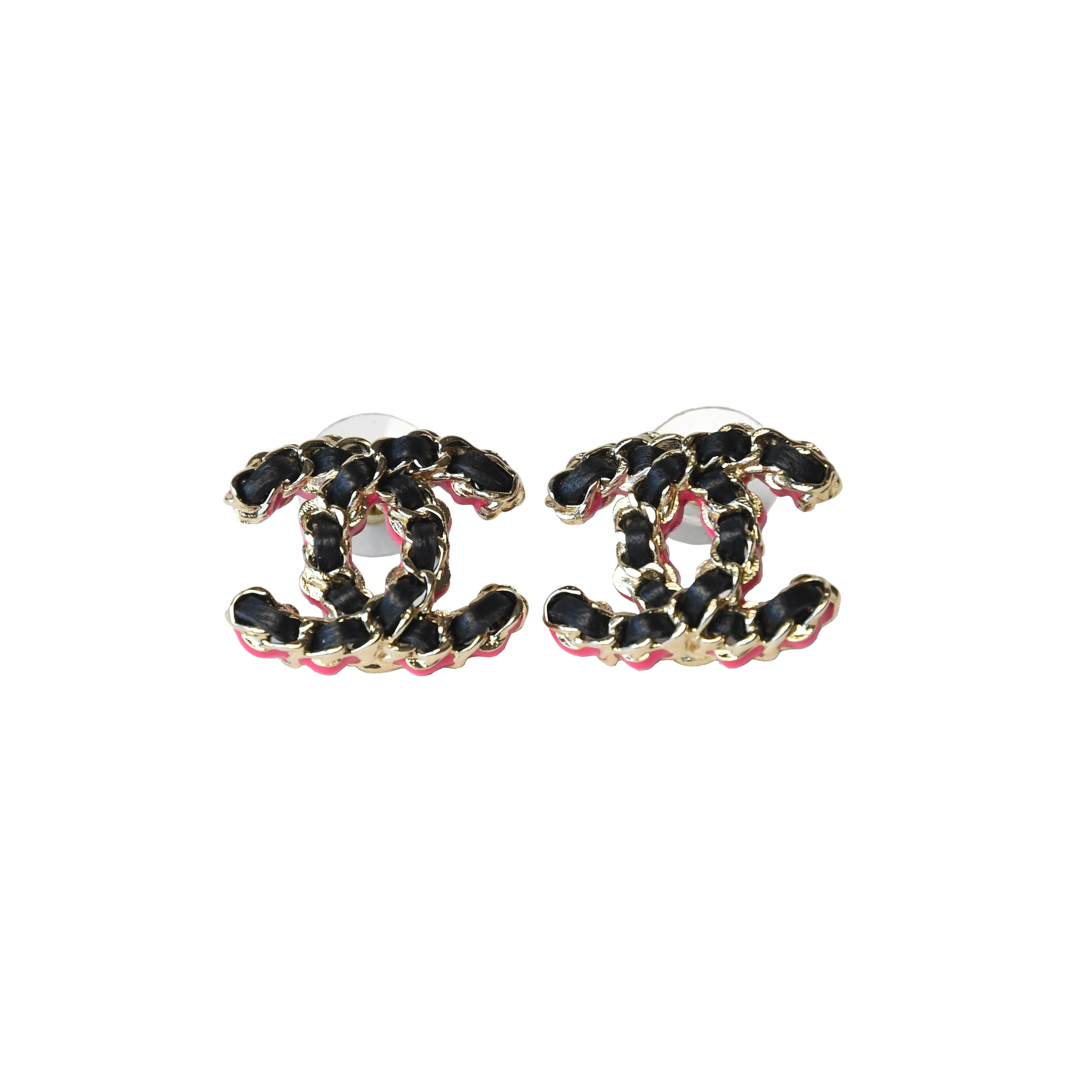 Chanel Leather CC Chain Stud Earrings Black Gold Pink - 2