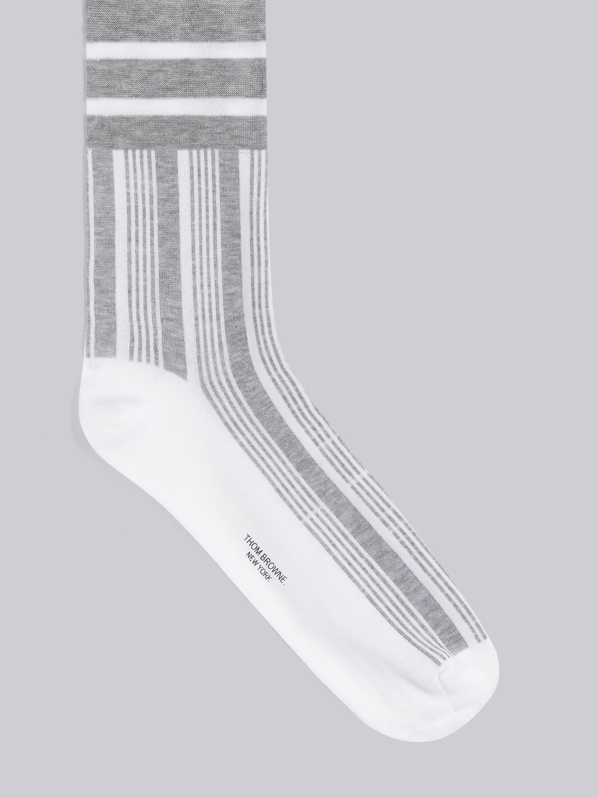 Light Grey Mercerized Cotton 4-Bar Striped Mid Calf Socks - 2