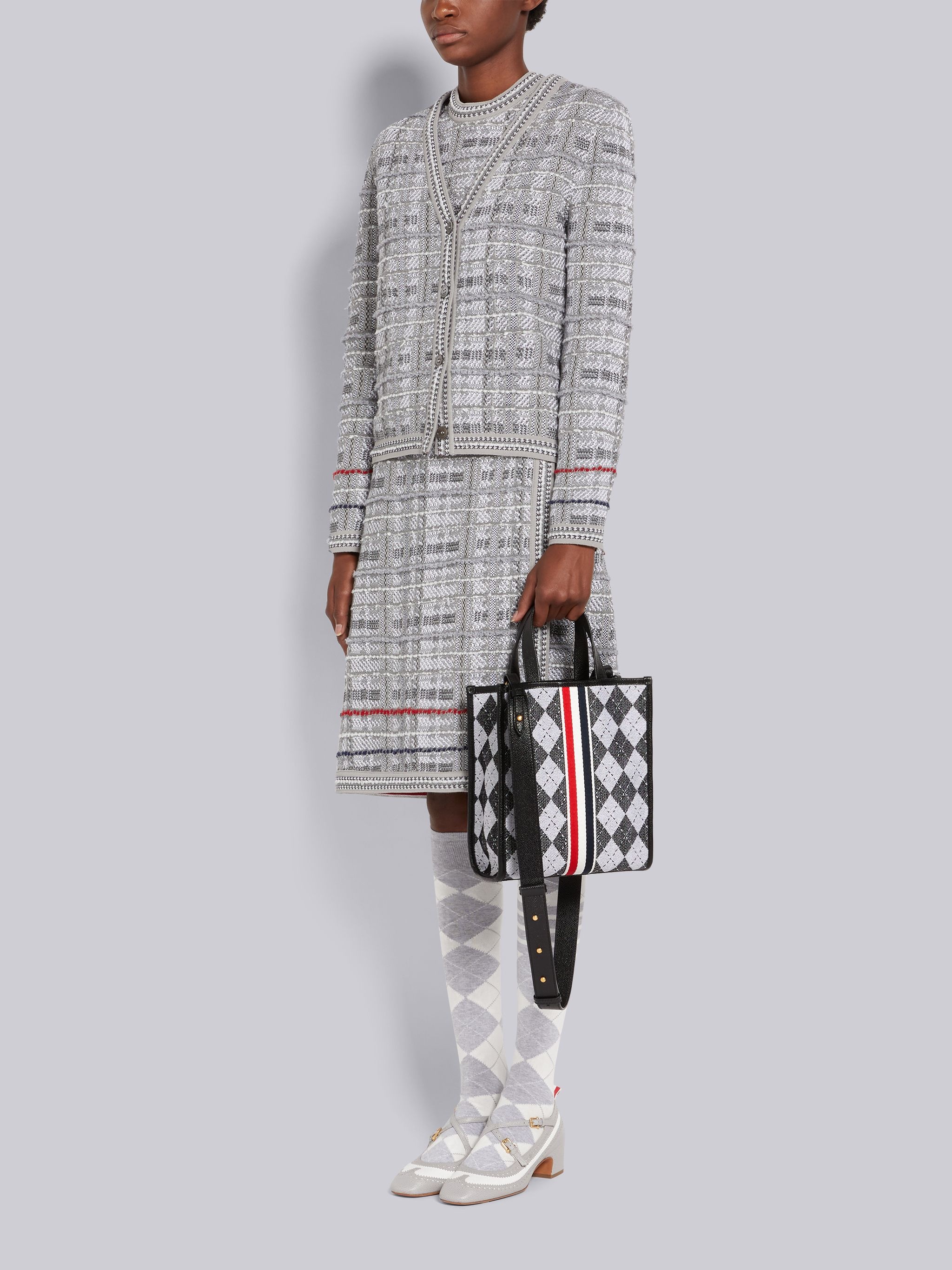 Black and White Argyle Wool Cotton Jacquard Webbing Stripe Shoulder Strap Small Tote - 6