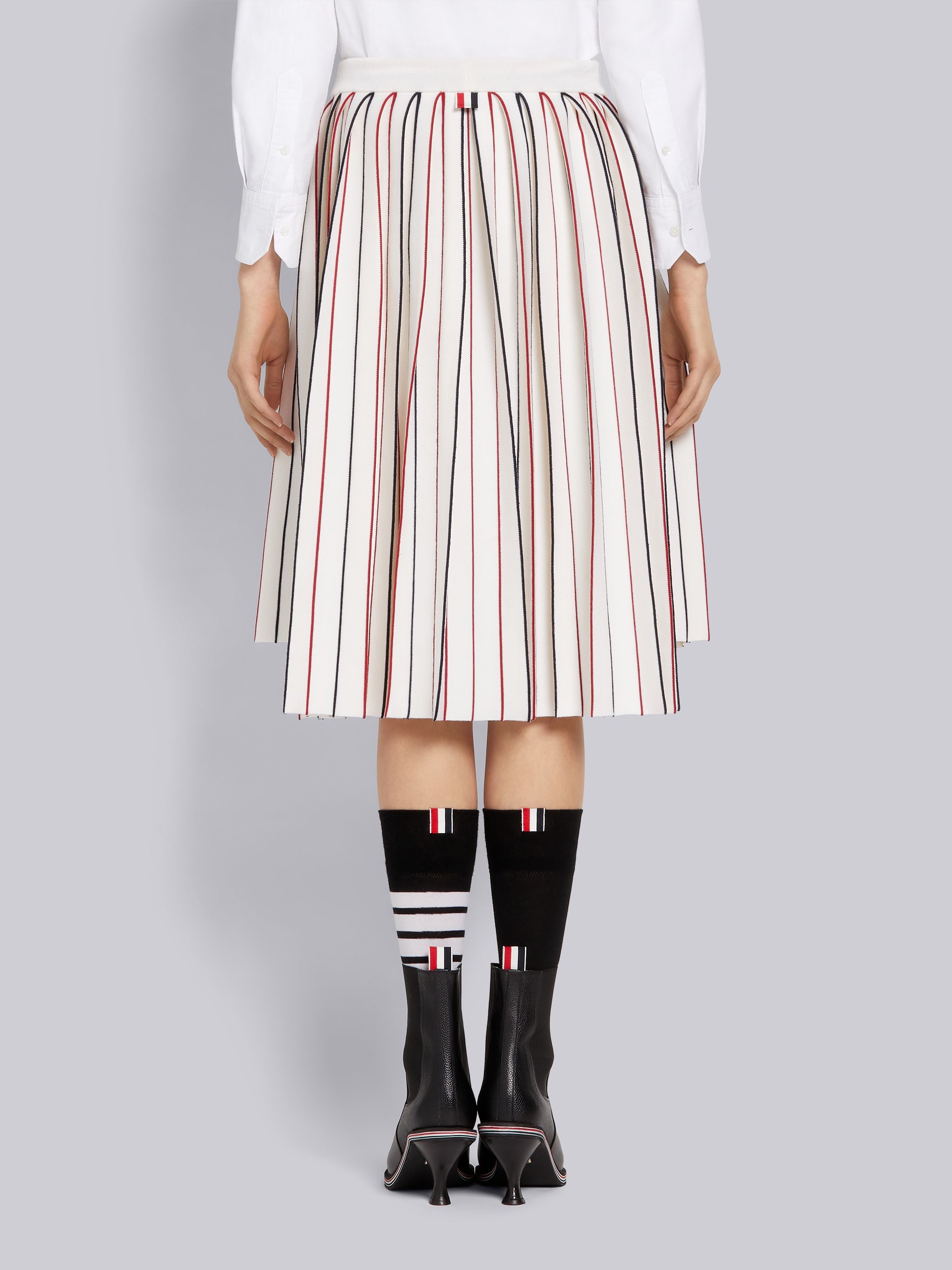 White Stretch Wool Knife Pleat Below-the-Knee Skirt - 3